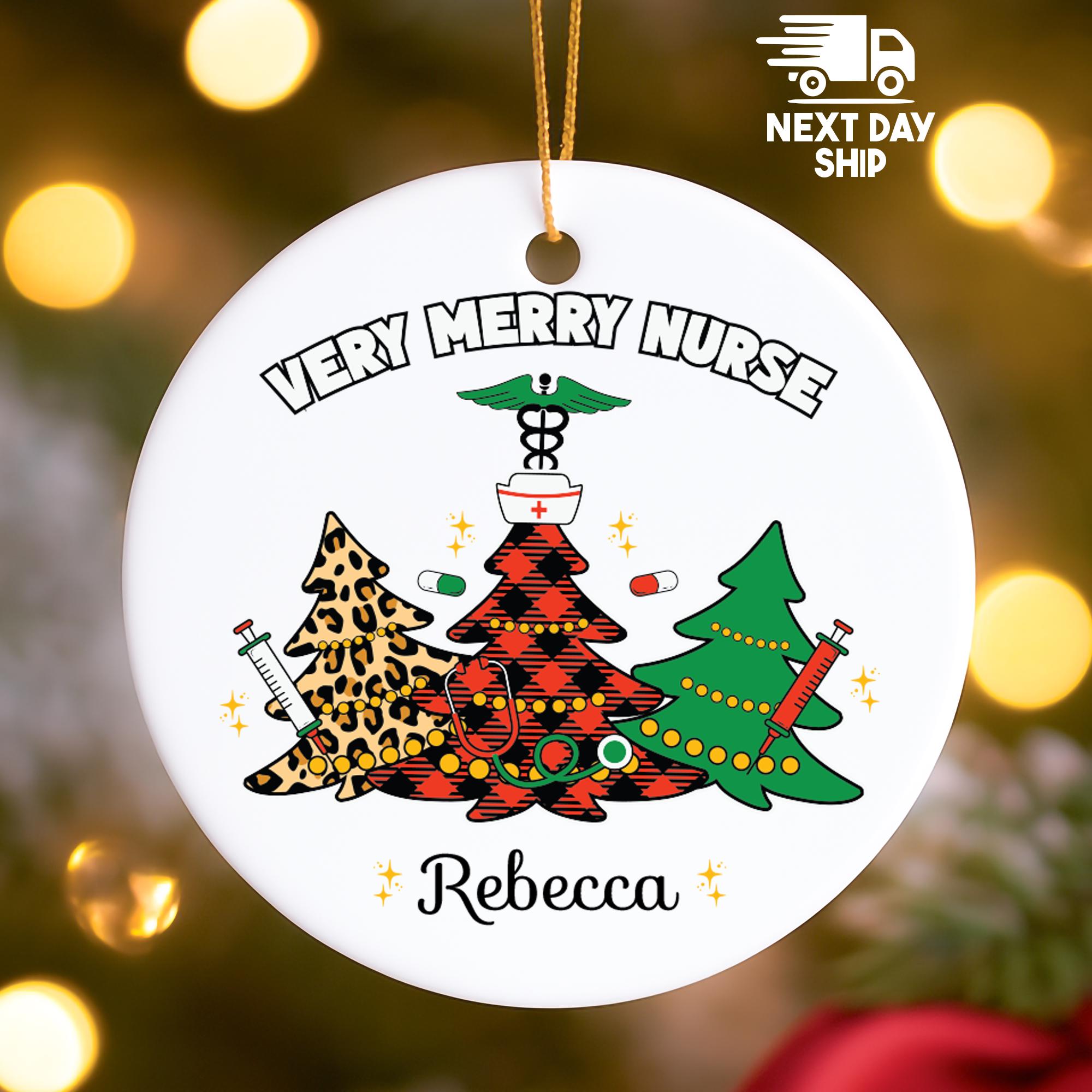 Personalized Nurse Christmas Ornament, 'Very Merry Nurse' Gift, Custom Name, RN Keepsake, Glass Ceramic Acrylic, Medical Worker Gift