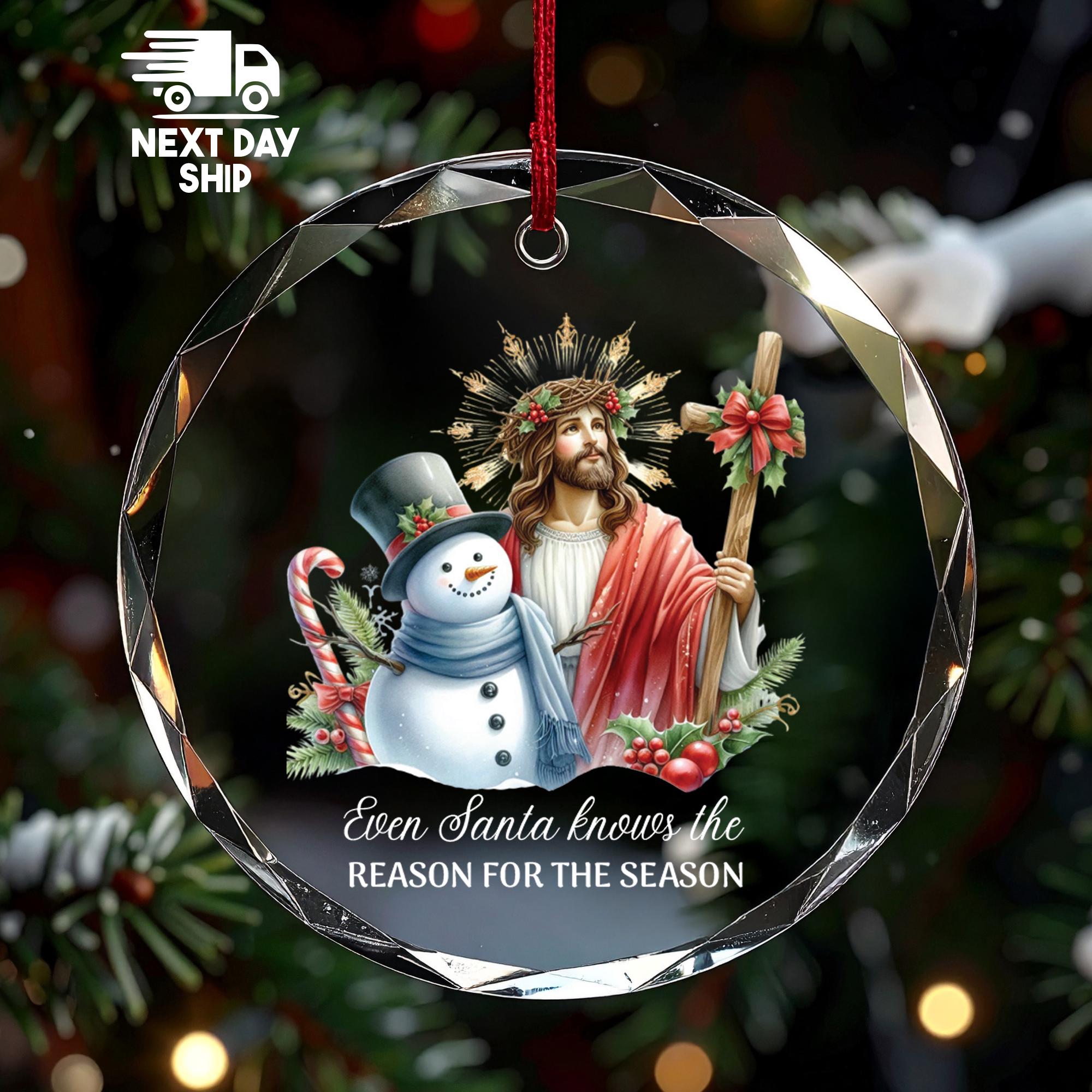 Religious Christmas Ornament, 'Reason for the Season' Jesus Snowman Keepsake, Christian Gift, Glass Ceramic Acrylic, Church Decor