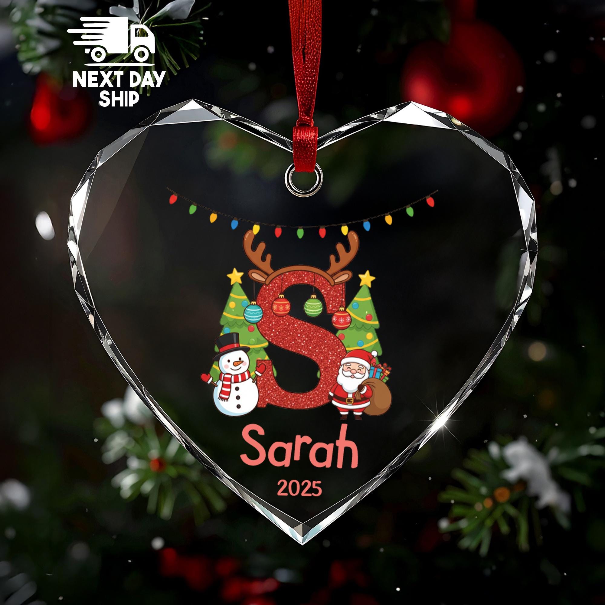 Personalized Christmas Initial Ornament, Custom Letter & Name, Santa Snowman Reindeer, Glass Ceramic Acrylic Monogram Gift