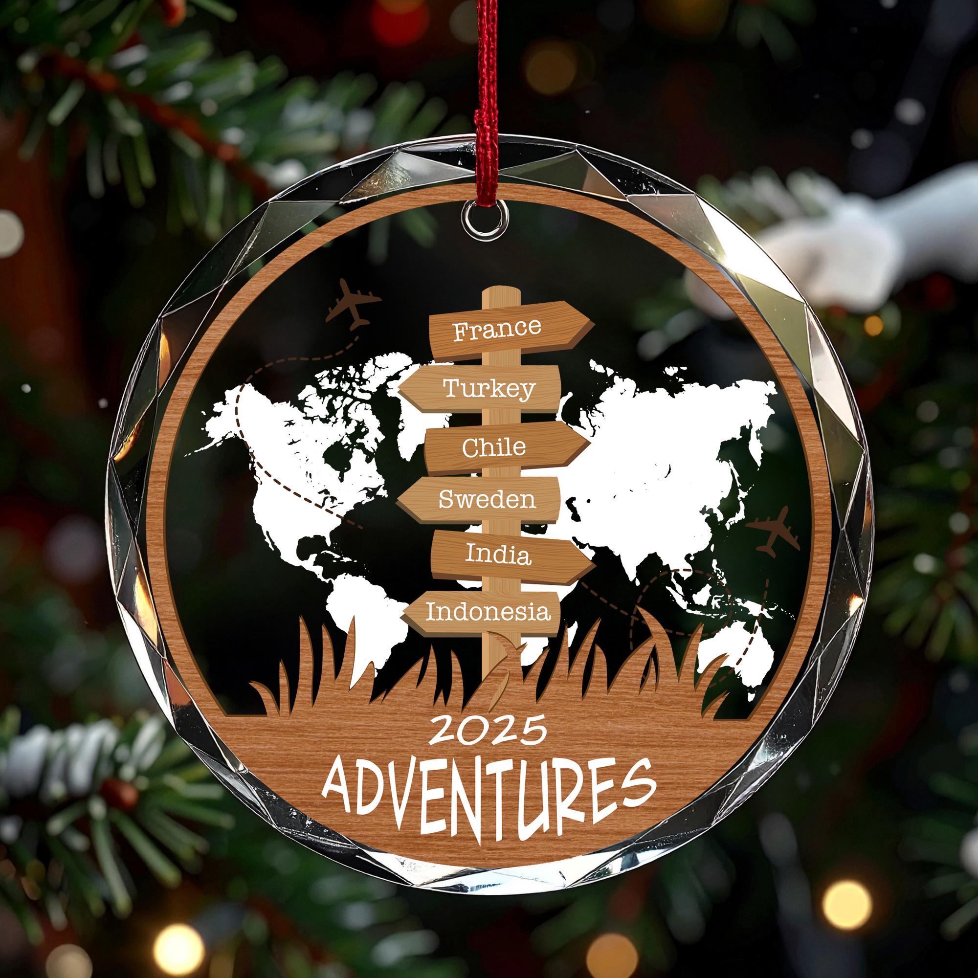 Personalized Travel Ornament 2025, Our Adventures Keepsake with Custom Locations, World Map Gift for Traveler, Glass Ceramic Acrylic