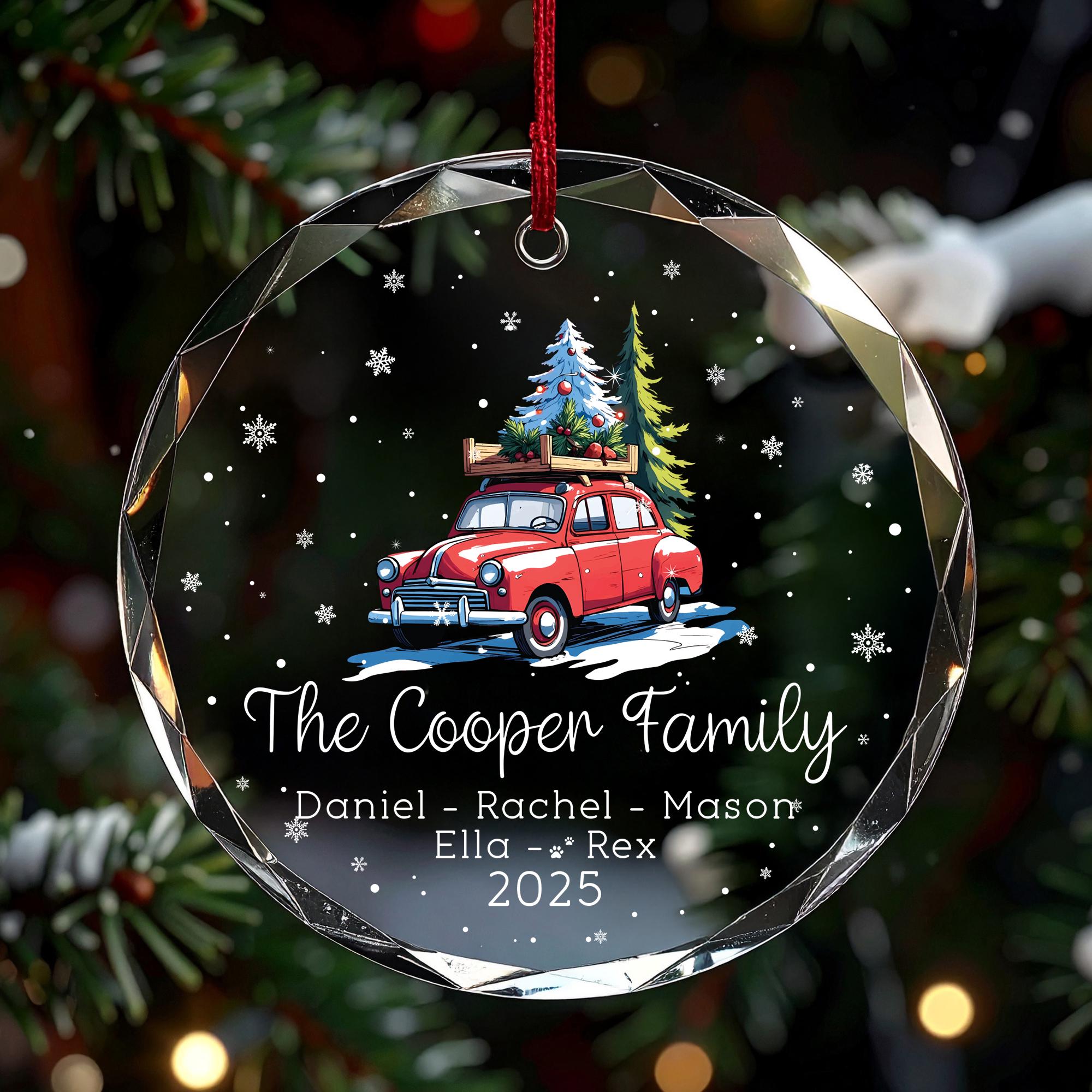 Personalized Family Ornament 2025, Red Car with Christmas Tree, Custom Family Names and Pet, Glass Ceramic Acrylic Keepsake Gift