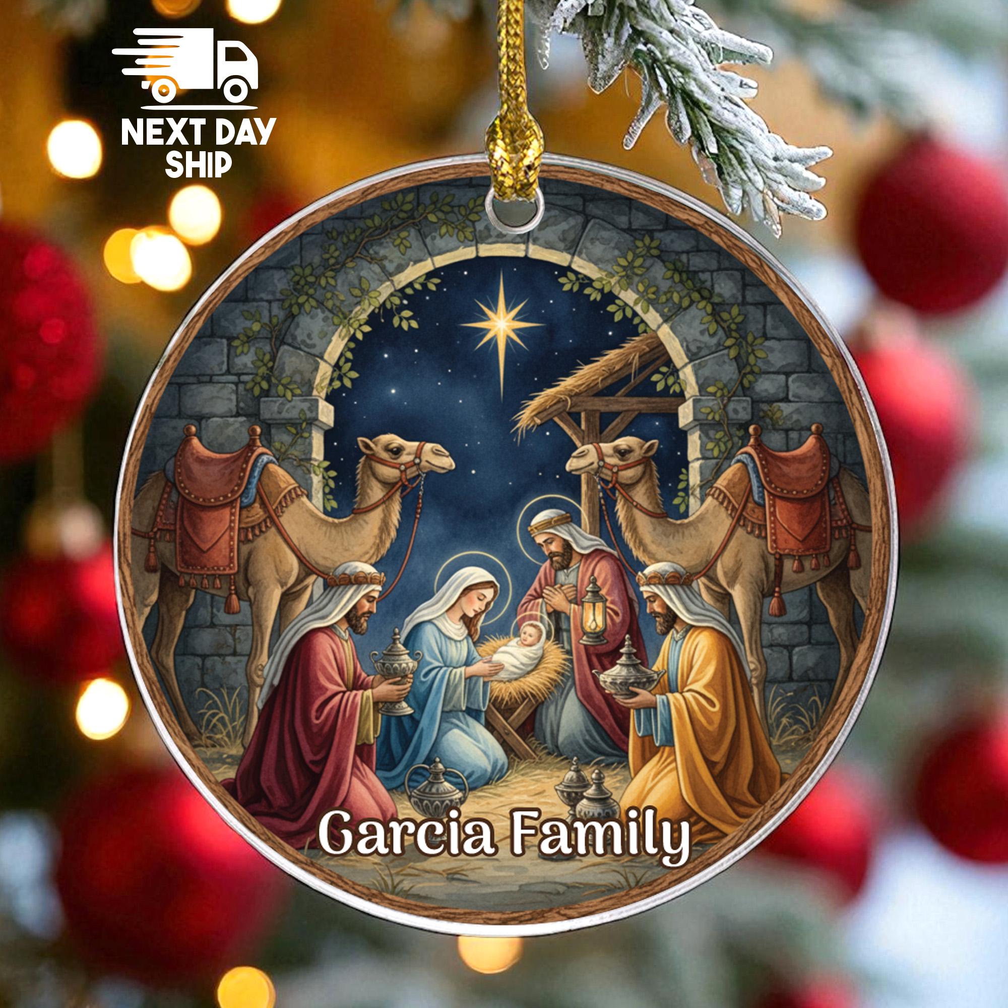 Personalized Nativity Scene Ornament, Custom Family Name, Religious Christmas Keepsake, Glass Ceramic Acrylic, Jesus Manger Decor