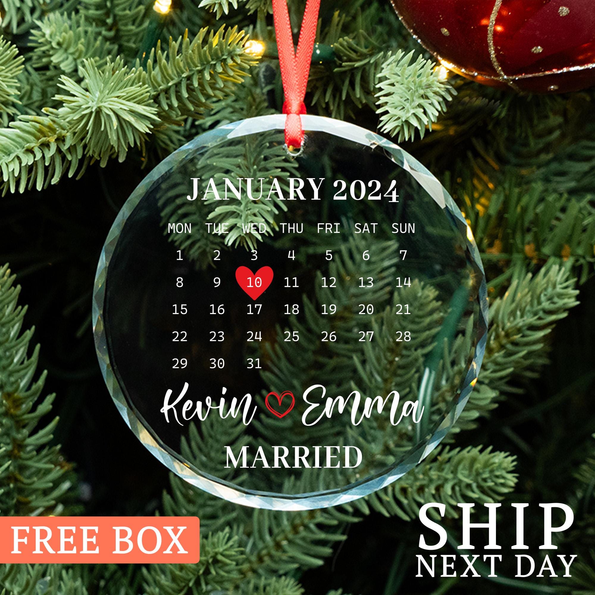 Custom Married Ornament, Newlywed Ornament, Personalized Engagement Ornament, Christmas Accessory, Calendar Glass Ornament, Anniversary Gift