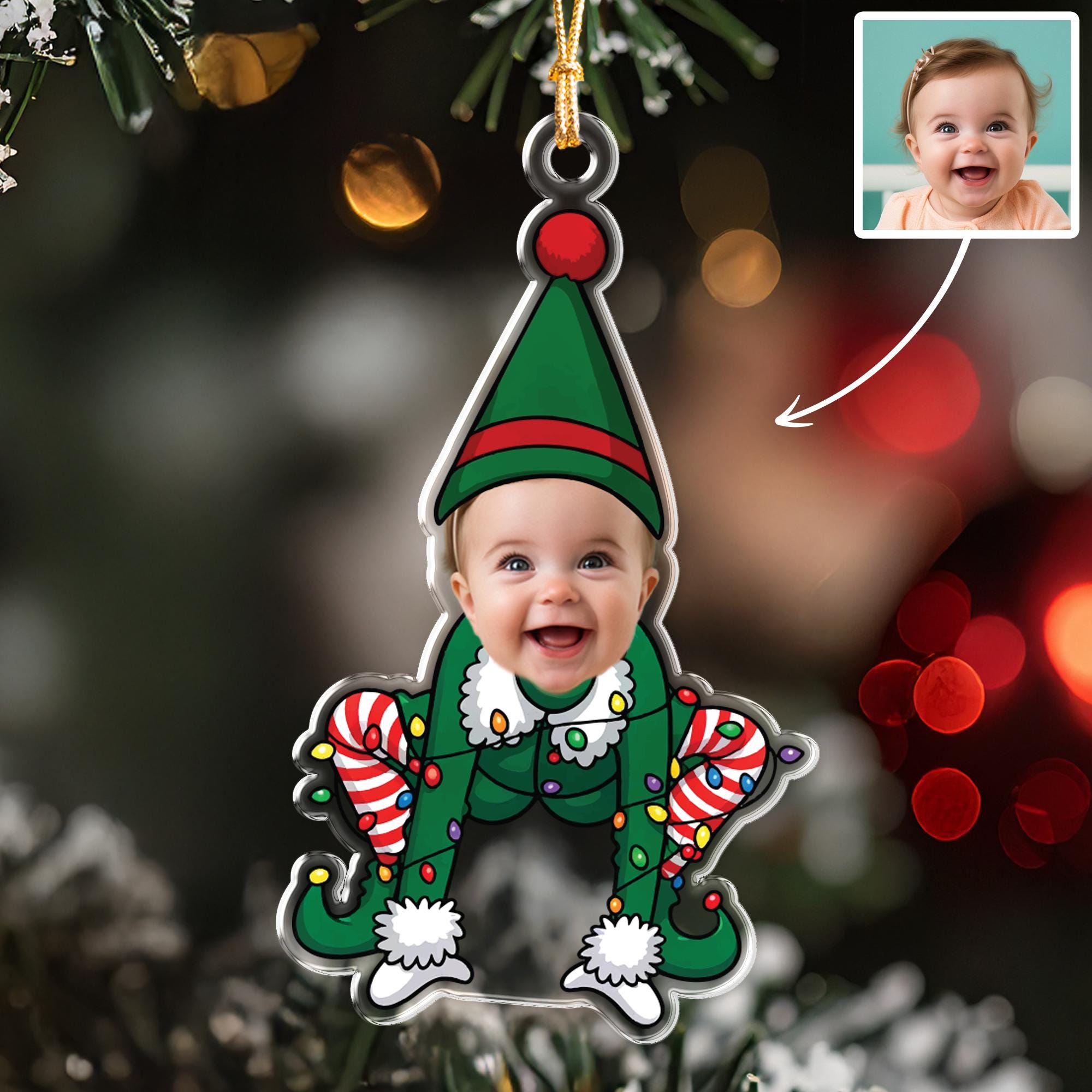 Funny Baby Photo Christmas Ornament, Custom Face Twerking Elf Butt, Silly Gag Gift for New Parents, Personalized 1st Xmas Keepsake Decor