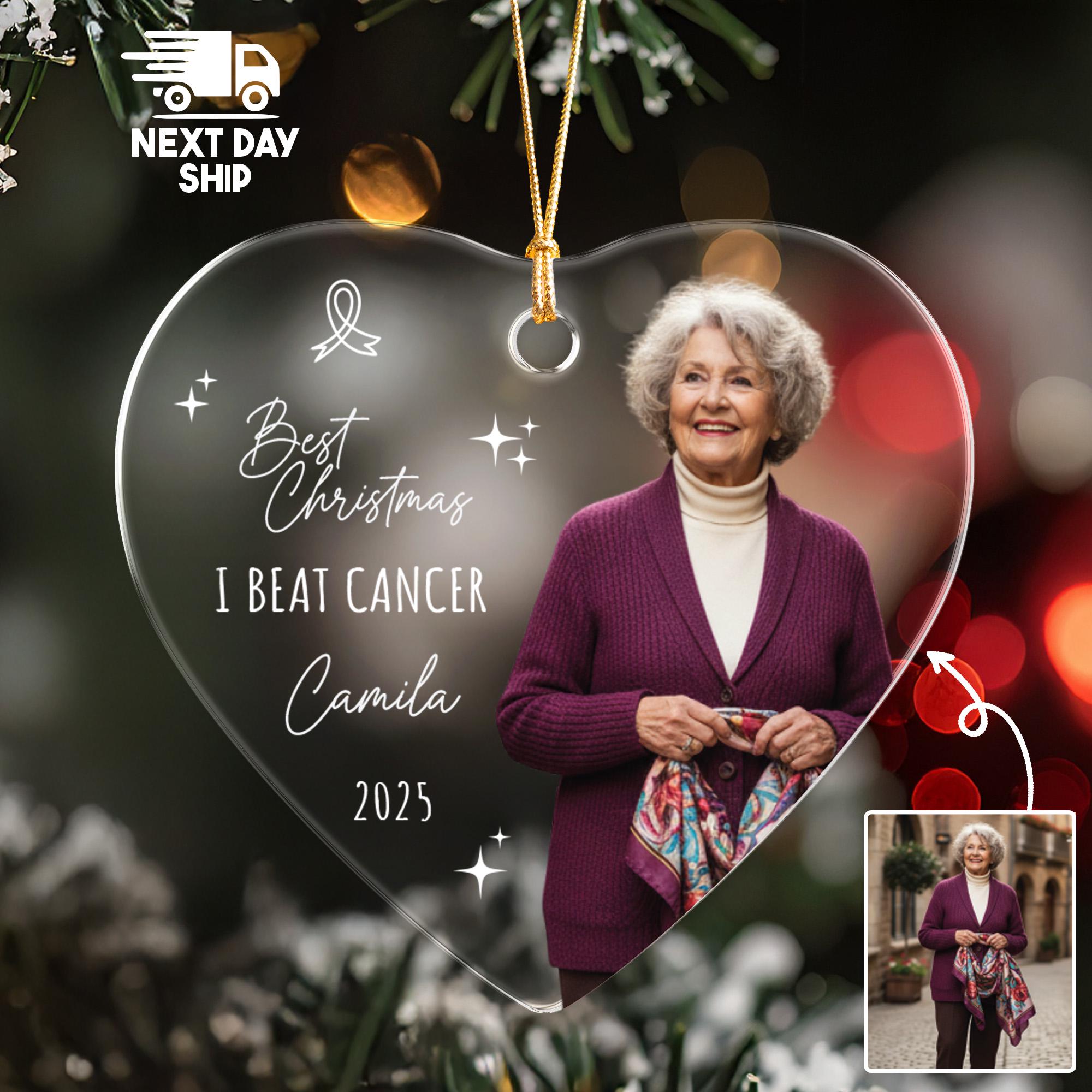 Personalized I Beat Cancer Photo Ornament, 'Best Christmas' Keepsake 2025, Custom Name, Glass Ceramic Acrylic, Cancer Survivor Gift