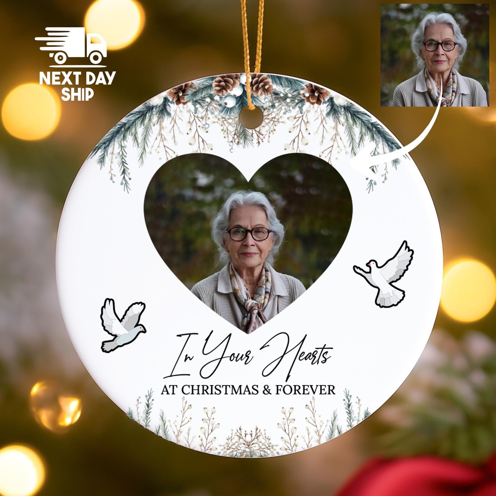 Personalized Memorial Photo Ornament, 'In Your Hearts at Christmas' Keepsake, Loss of Mom Gift, Glass Ceramic Acrylic, Sympathy Gift