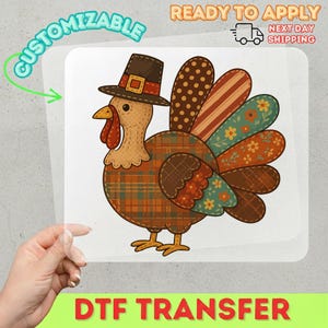 Cute Pilgrim Turkey DTF Transfer, Thanksgiving Ready to Press, Fall Harvest Fabric Patchwork Design for Shirts, Hats & Bags
