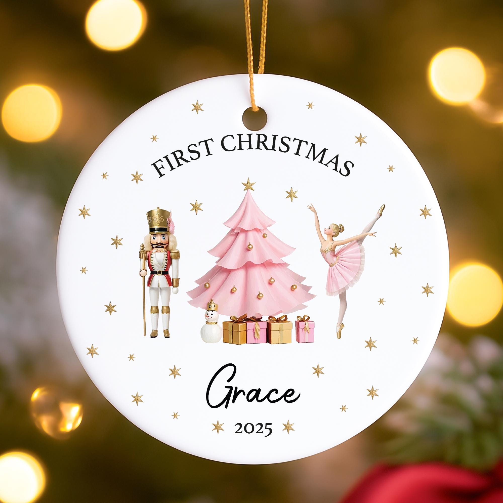Personalized First Christmas 2025 Ornament, Nutcracker Ballerina Gift, Glass Ceramic Acrylic, Round Heart Shape, Baby Girl Keepsake