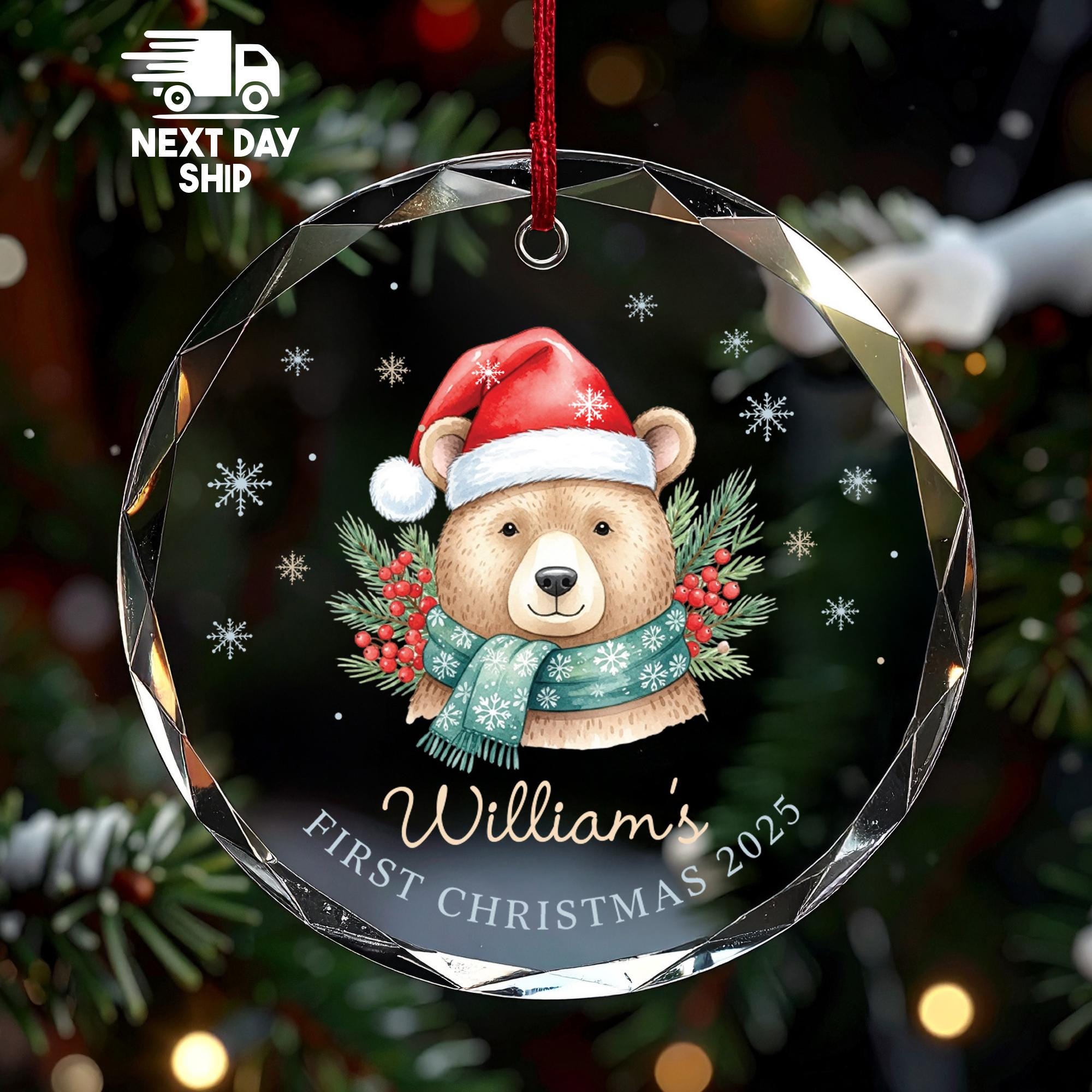 Personalized Baby's First Christmas Ornament, Custom Name Bear Keepsake 2025, Woodland Nursery Decor, A Beary Merry First Holiday