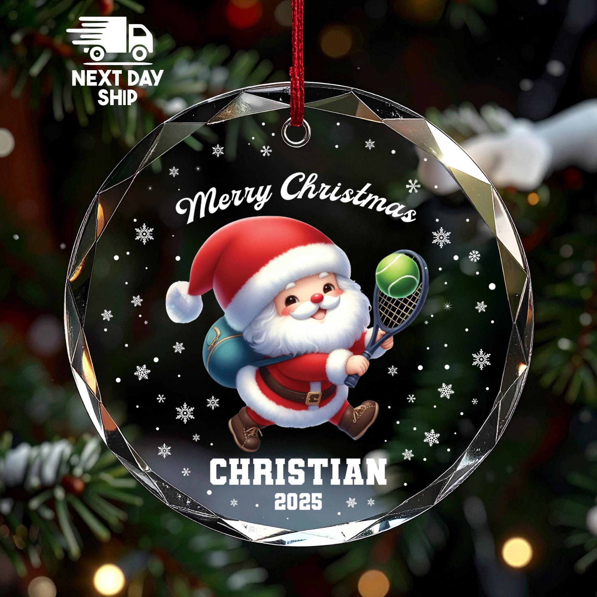 Personalized Tennis Ornament 2025, Merry Christmas Santa, Custom Name Player Gift, Glass Ceramic Acrylic, Kids Xmas Keepsake