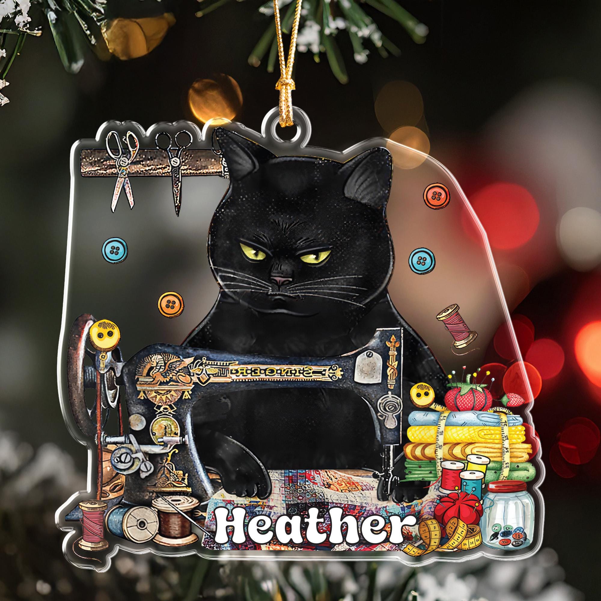 Personalized Sewing Cat Ornament, Custom Name Quilter Gift, Black Cat Lover Christmas Keepsake, Funny Crafter Decor, Seamstress Gift