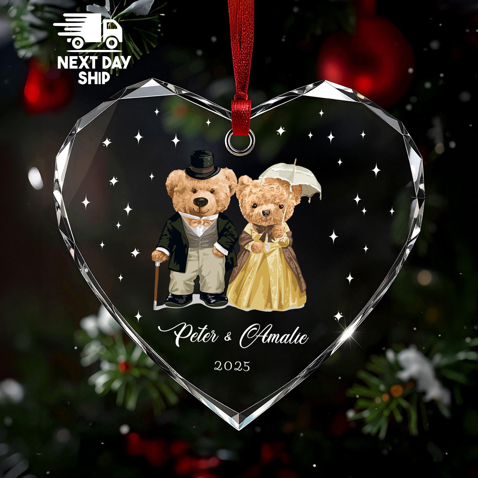 Personalized Couple's Ornament 2025, Custom Names, Vintage Teddy Bear Keepsake, Glass Ceramic Acrylic, Anniversary Gift