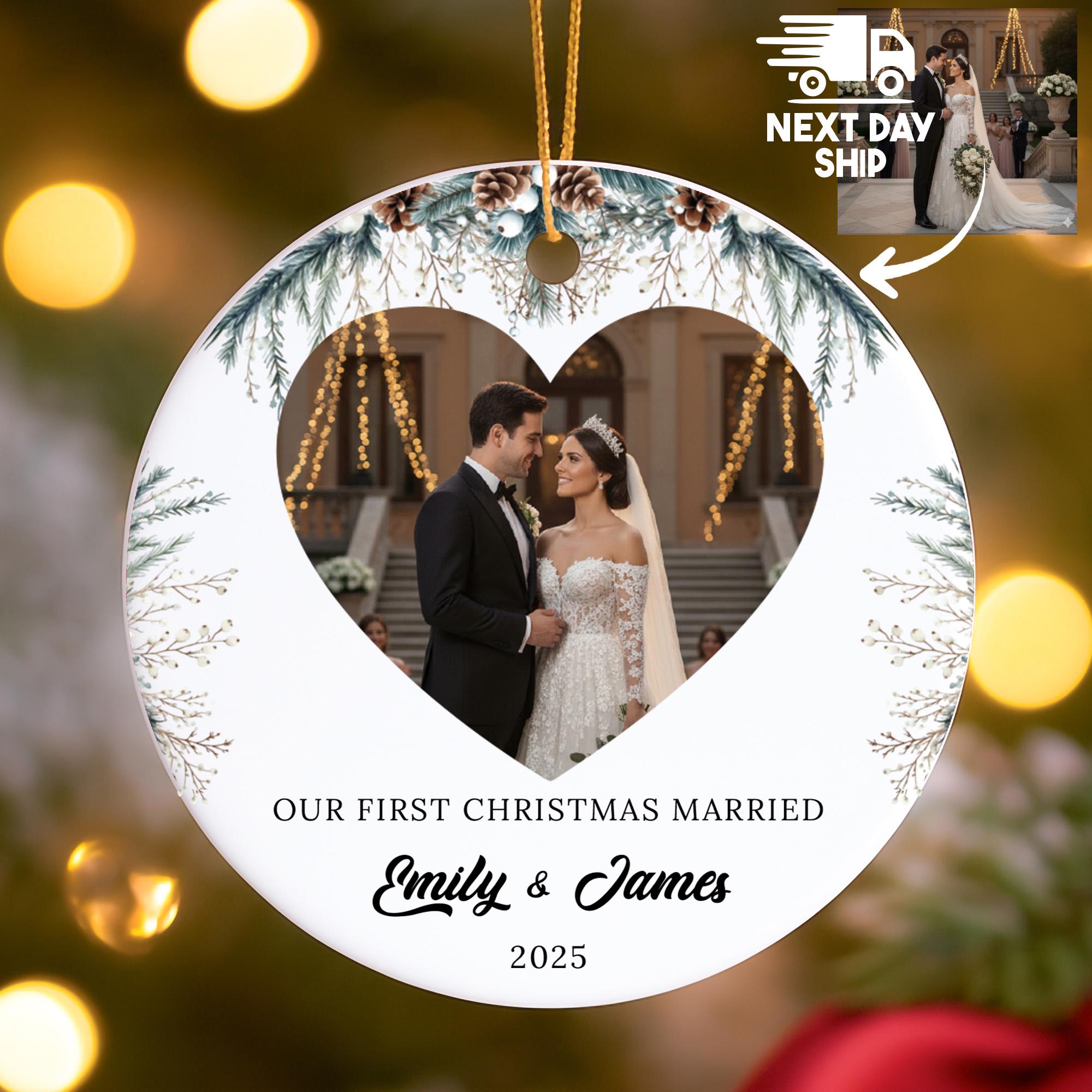 Our First Christmas Married Ornament 2025, Personalized Photo & Names, Newlywed Gift for Couple, Glass Ceramic Acrylic Keepsake