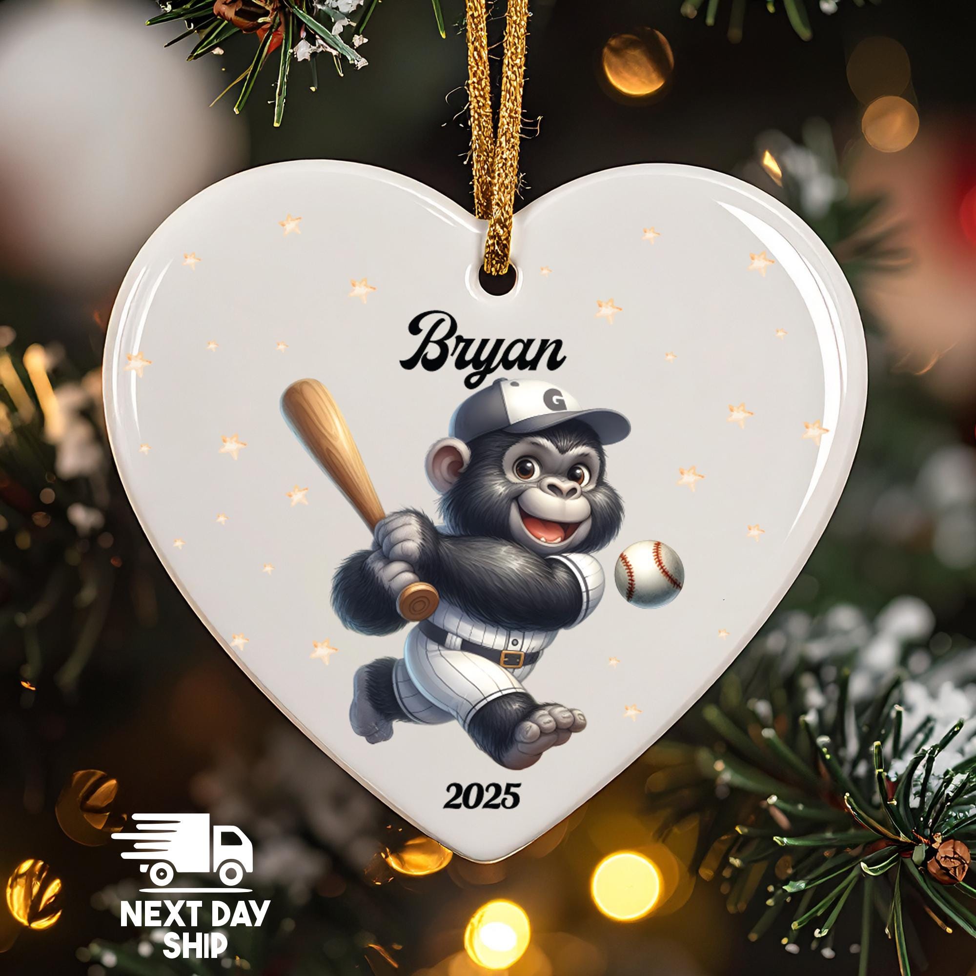 Personalized Baseball Ornament 2025, Custom Name Cute Gorilla Player Gift, Glass Ceramic Acrylic, Kids Sports Keepsake