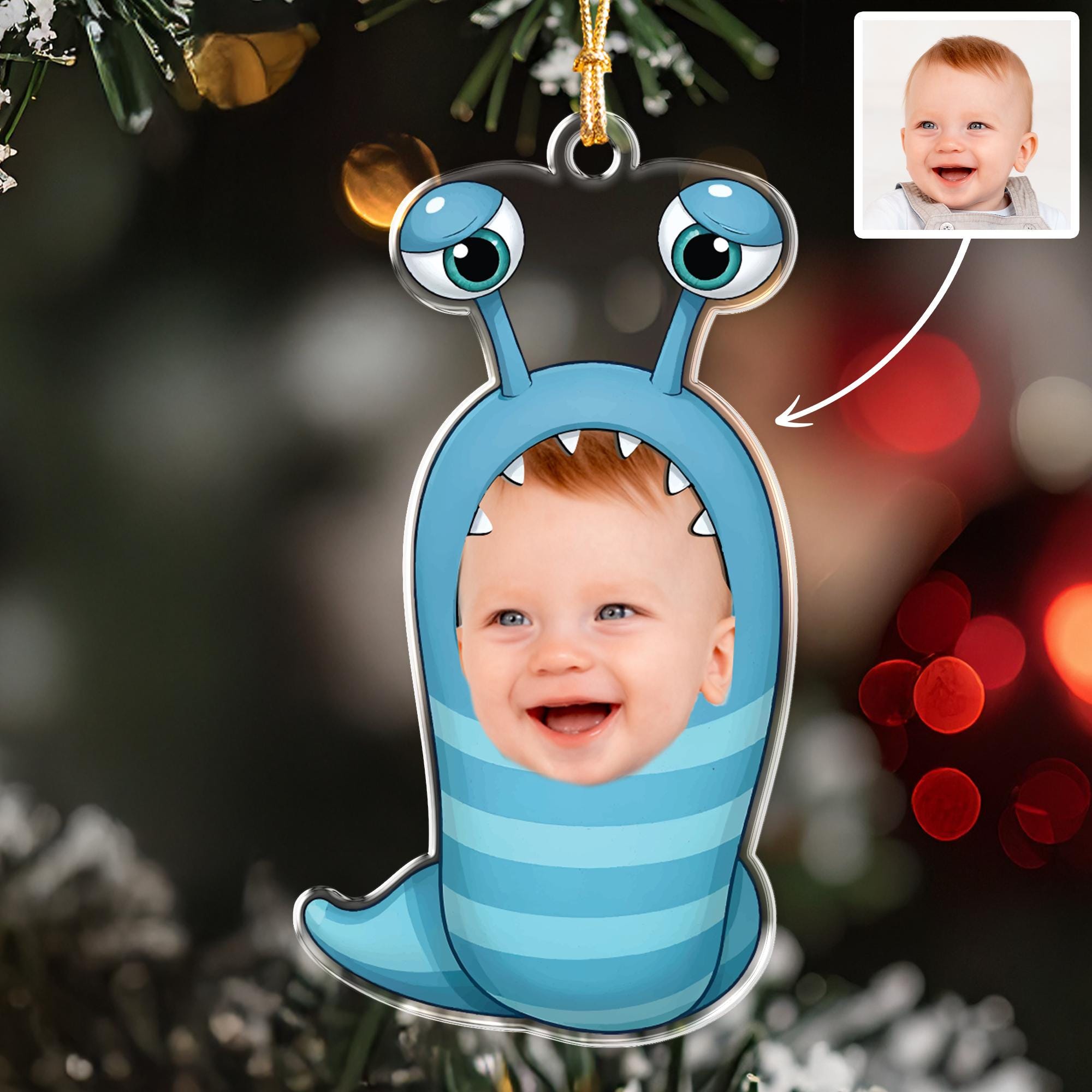 Funny Baby Photo Christmas Ornament, Custom Face Cute Monster Keepsake, Personalized Silly Xmas Gag Gift for New Parents, Acrylic Decor