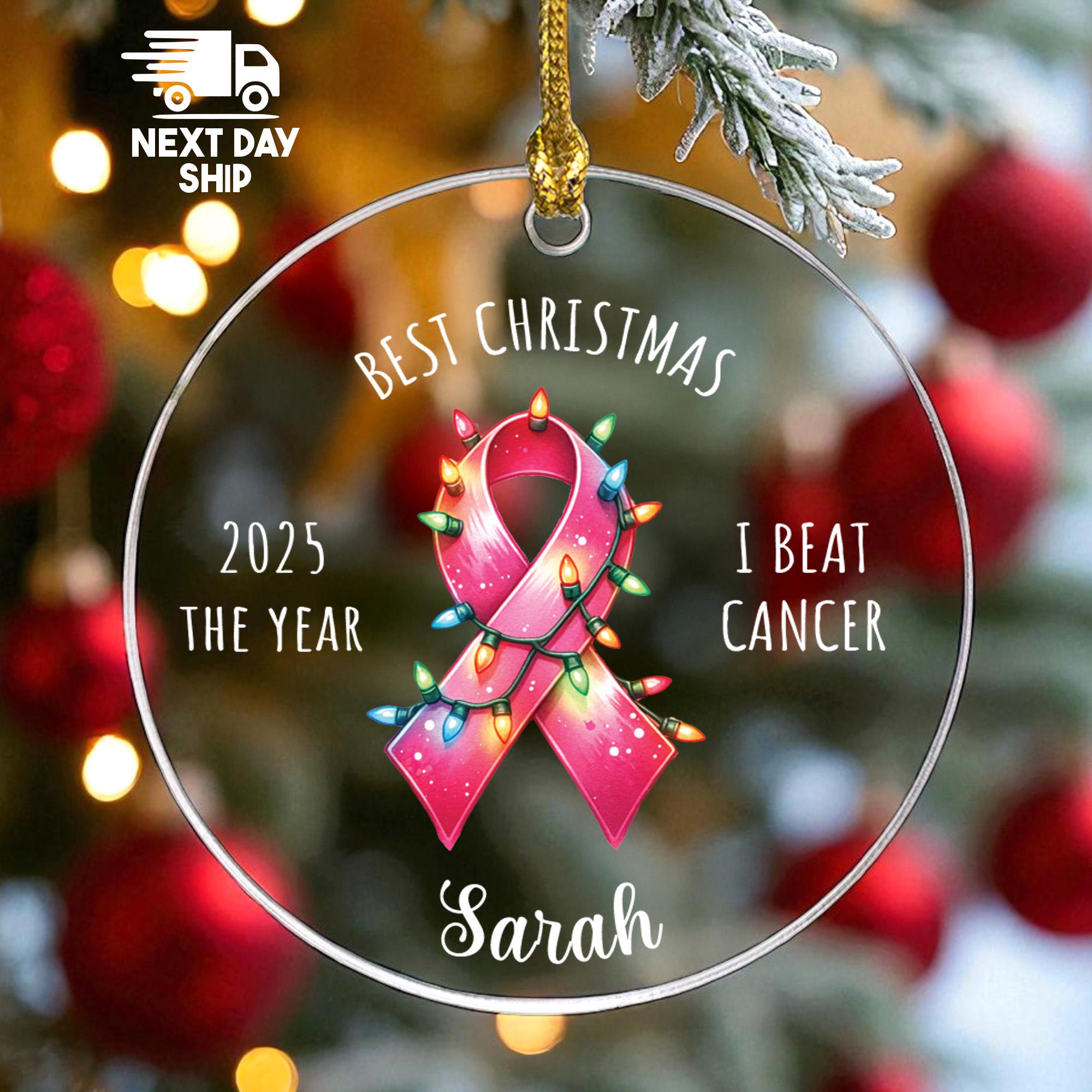 Personalized I Beat Cancer Ornament 2025, 'Best Christmas' Pink Ribbon Keepsake, Custom Name, Glass Ceramic Acrylic, Cancer Survivor Gift