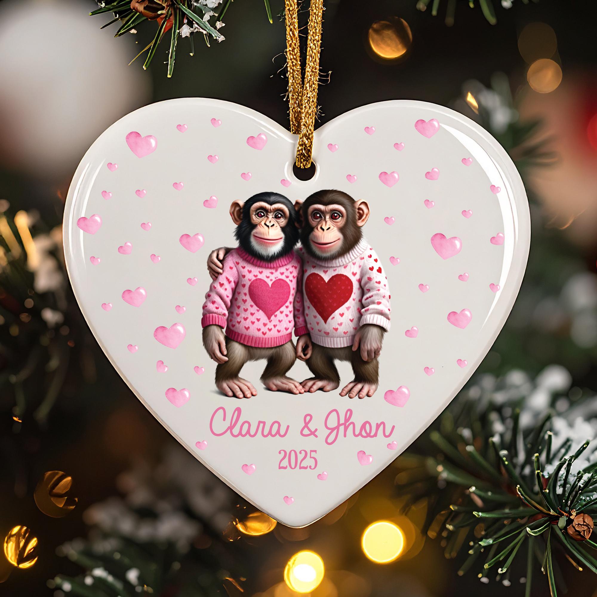 Funny Monkey Couple's Ornament 2025, Personalized Christmas Gift for Boyfriend Girlfriend, Custom Names, Glass Ceramic Acrylic Keepsake