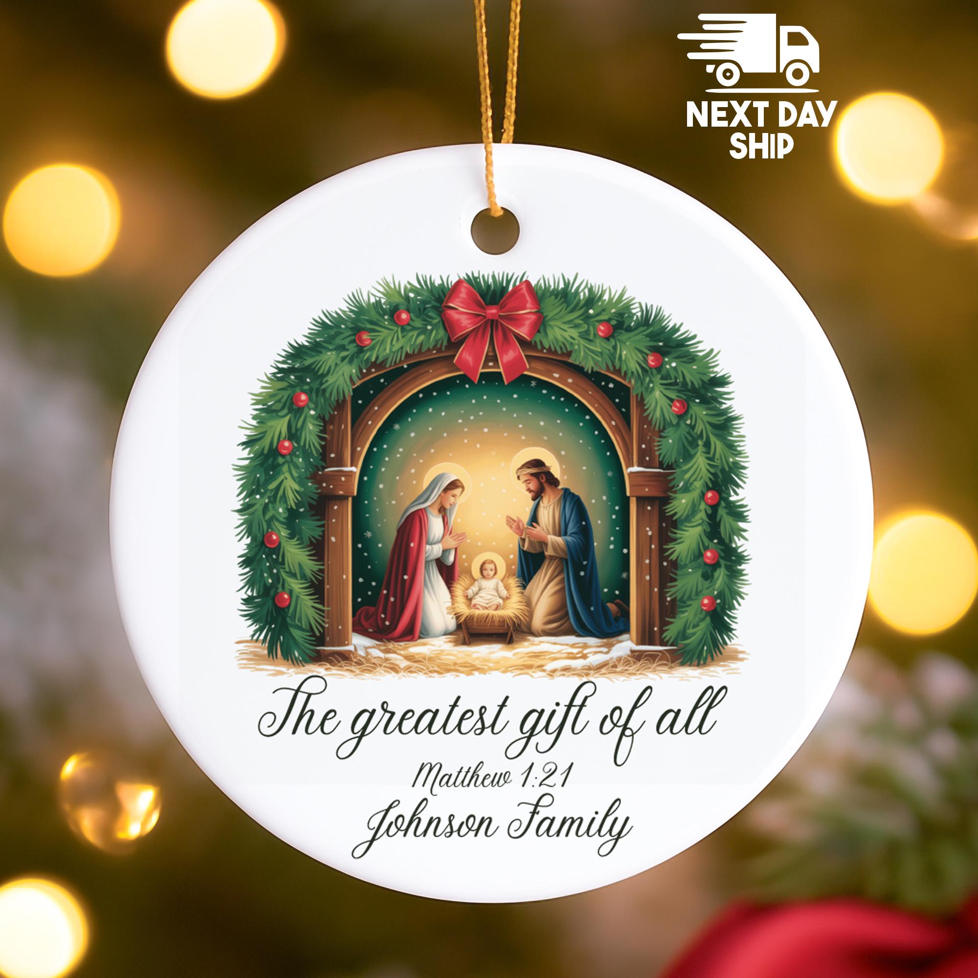Personalized Nativity Scene Ornament, Custom Family Name, 'The Greatest Gift of All', Religious Christmas Keepsake, Glass Ceramic Acrylic