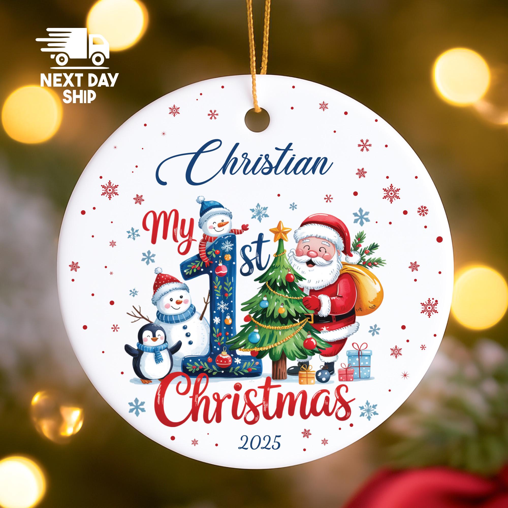 Baby's First Christmas 2025 Ornament, Personalized Name, Santa Snowman Penguin, Glass Ceramic Acrylic, Baby Boy 1st Xmas Gift