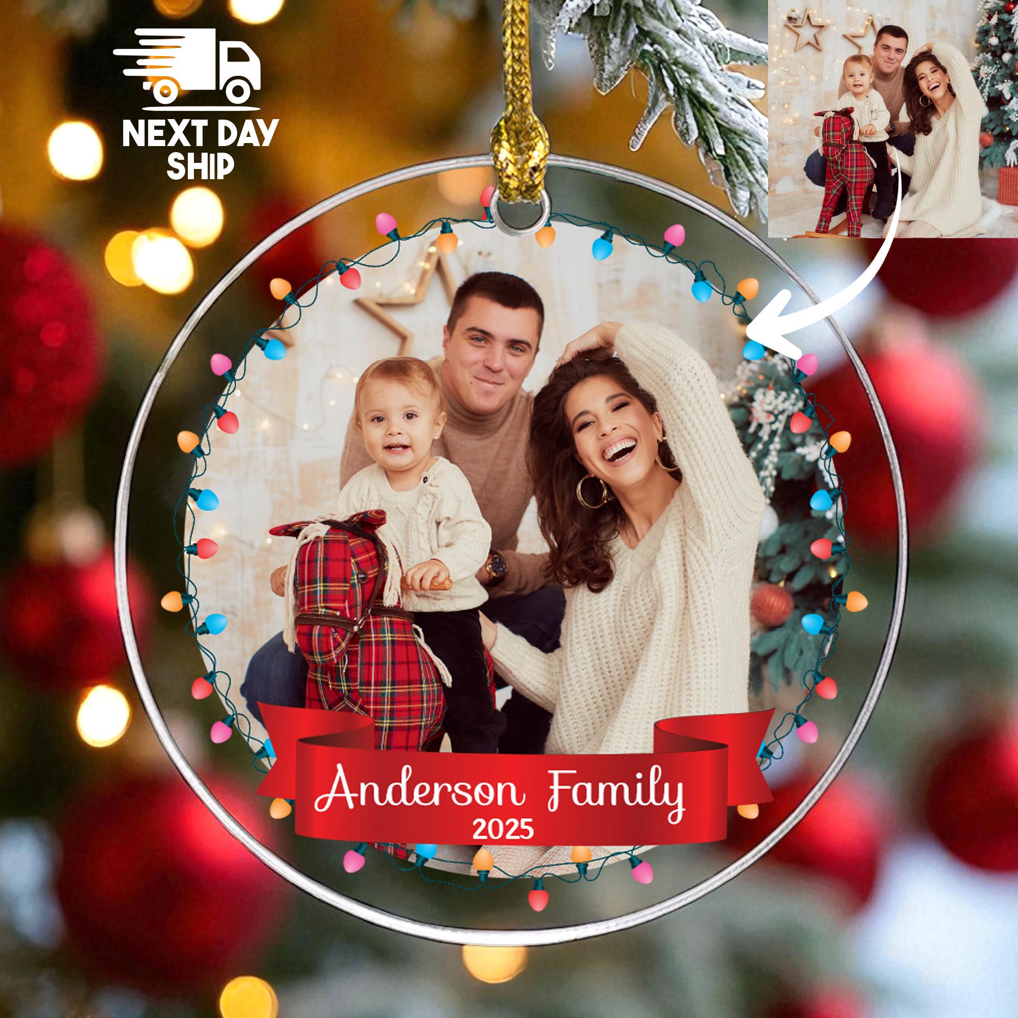 Personalized Family Photo Ornament 2025, Custom Family Name Keepsake, Christmas Lights Decor, Glass Ceramic Acrylic Gift for Parents
