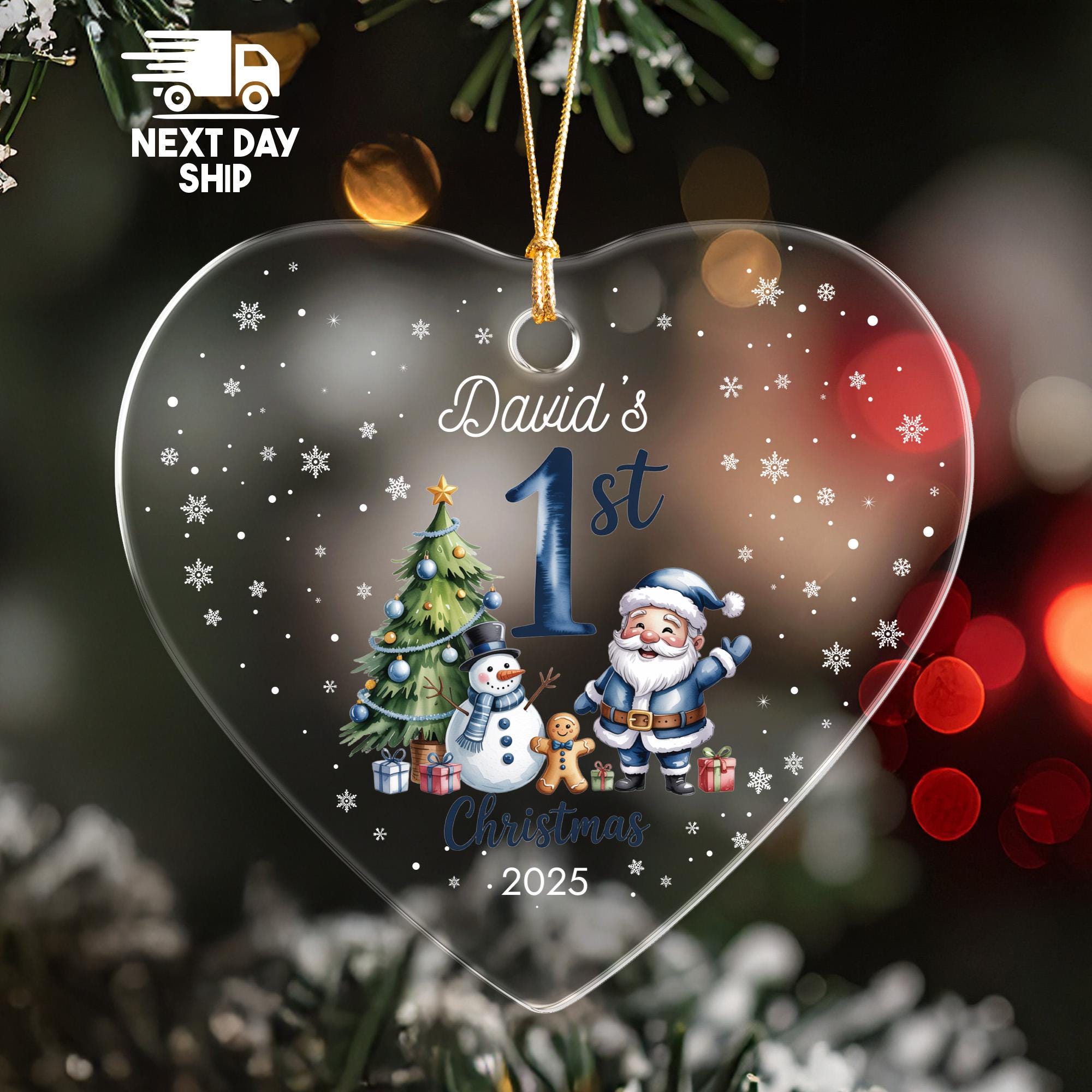 Baby's First Christmas 2025 Ornament, Personalized Name, Blue Santa Snowman, Glass Ceramic Acrylic, Baby Boy 1st Xmas Gift