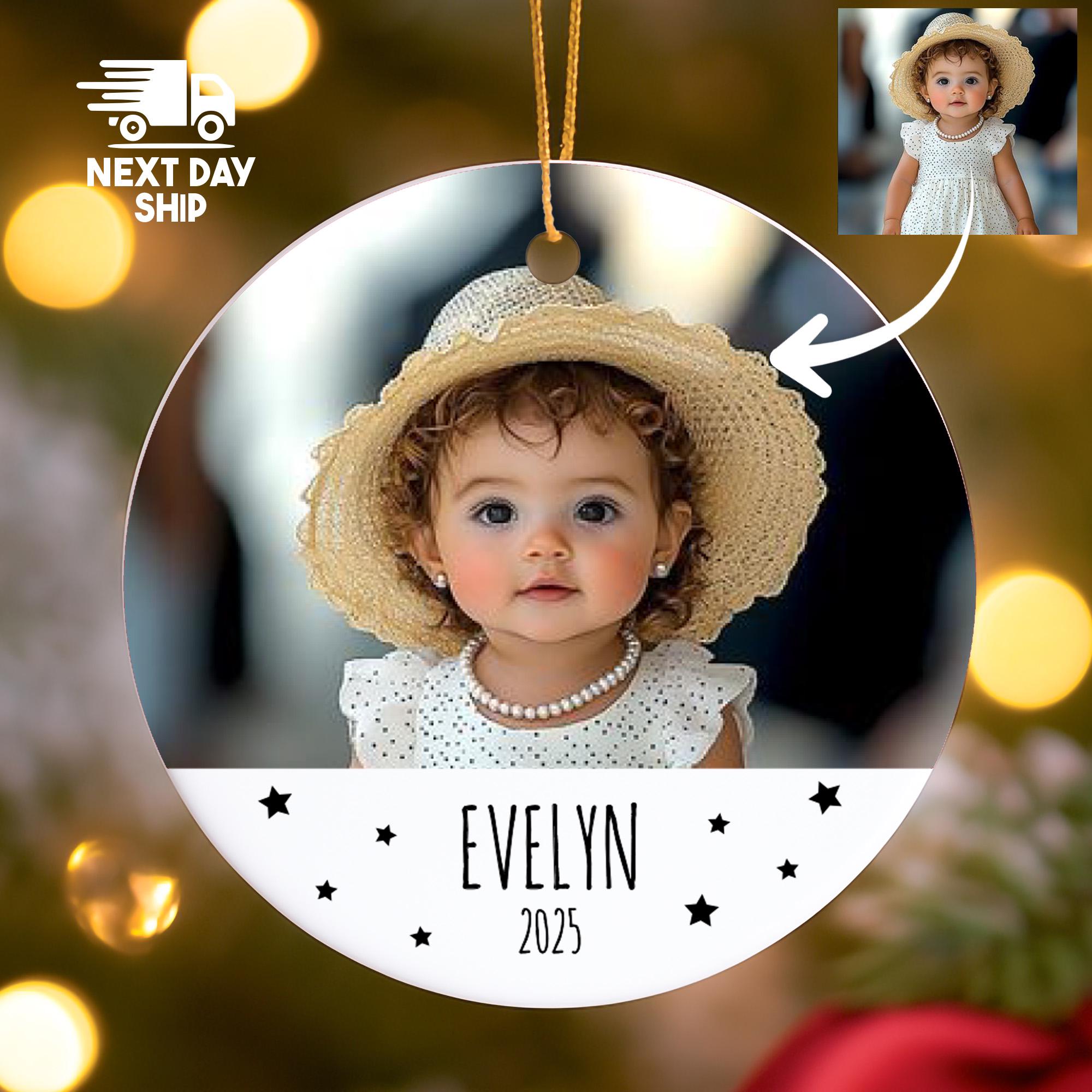 Personalized Baby Photo Ornament 2025, Custom Name Keepsake, Baby Girl Christmas Gift, Glass Ceramic or Acrylic, Heart or Round Decor