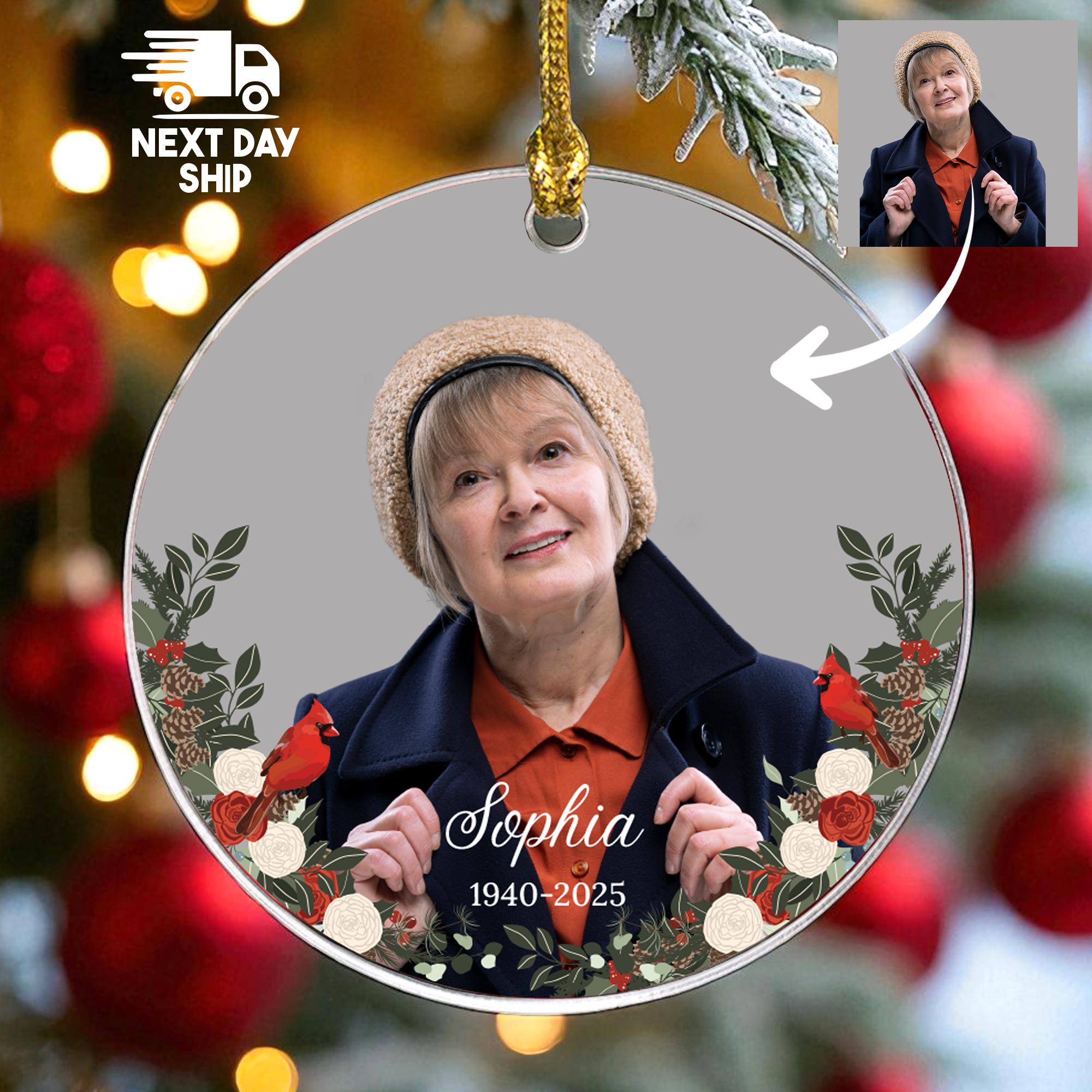 Custom Photo Memorial Ornament with Cardinal, Personalized Name & Dates, In Loving Memory Keepsake, Glass Ceramic Acrylic Sympathy Gift