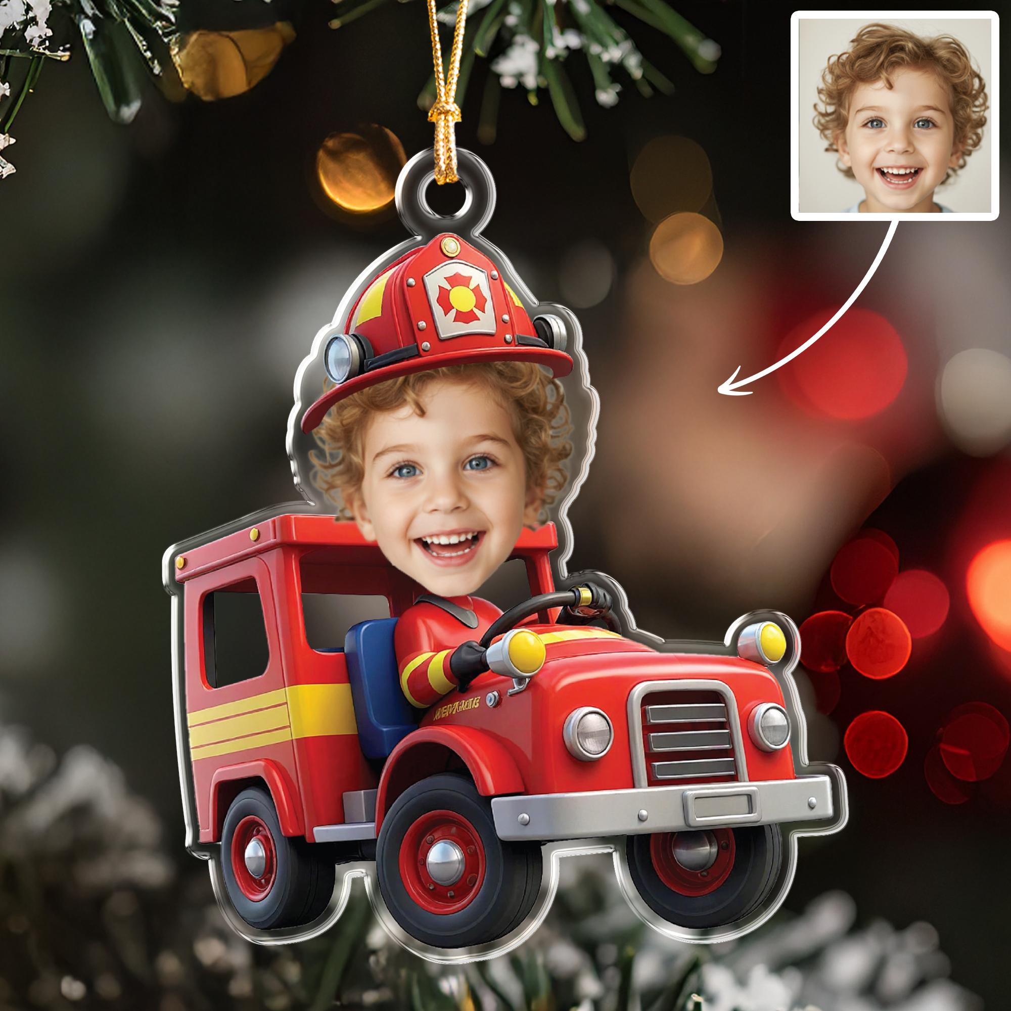 Personalized Firefighter Ornament, Custom Photo Big Head Caricature, Fire Truck Keepsake, Christmas Gift for Son, Future Fireman Decor