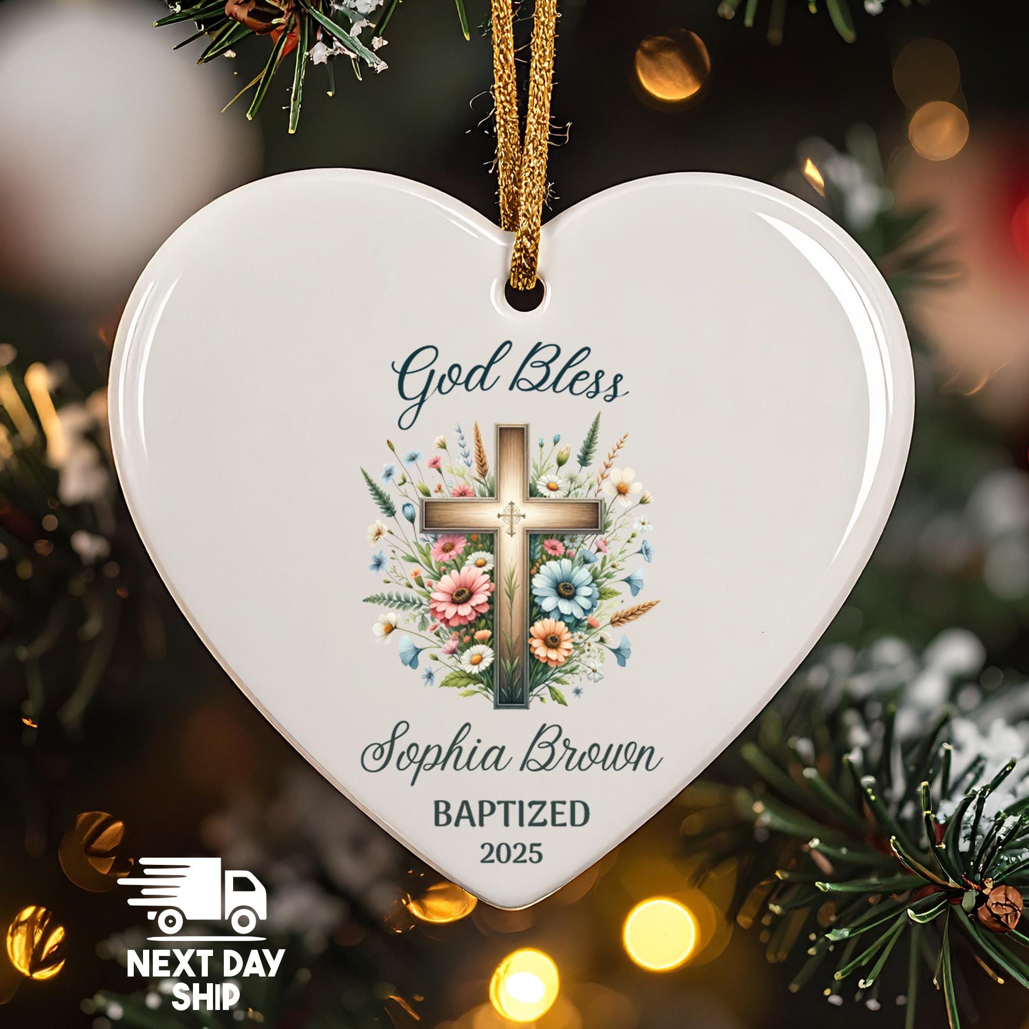 Personalized Baptism Ornament, God Bless Custom Name 2025, Christening Gift for Boy Girl, Glass Ceramic Acrylic, Religious Floral Cross