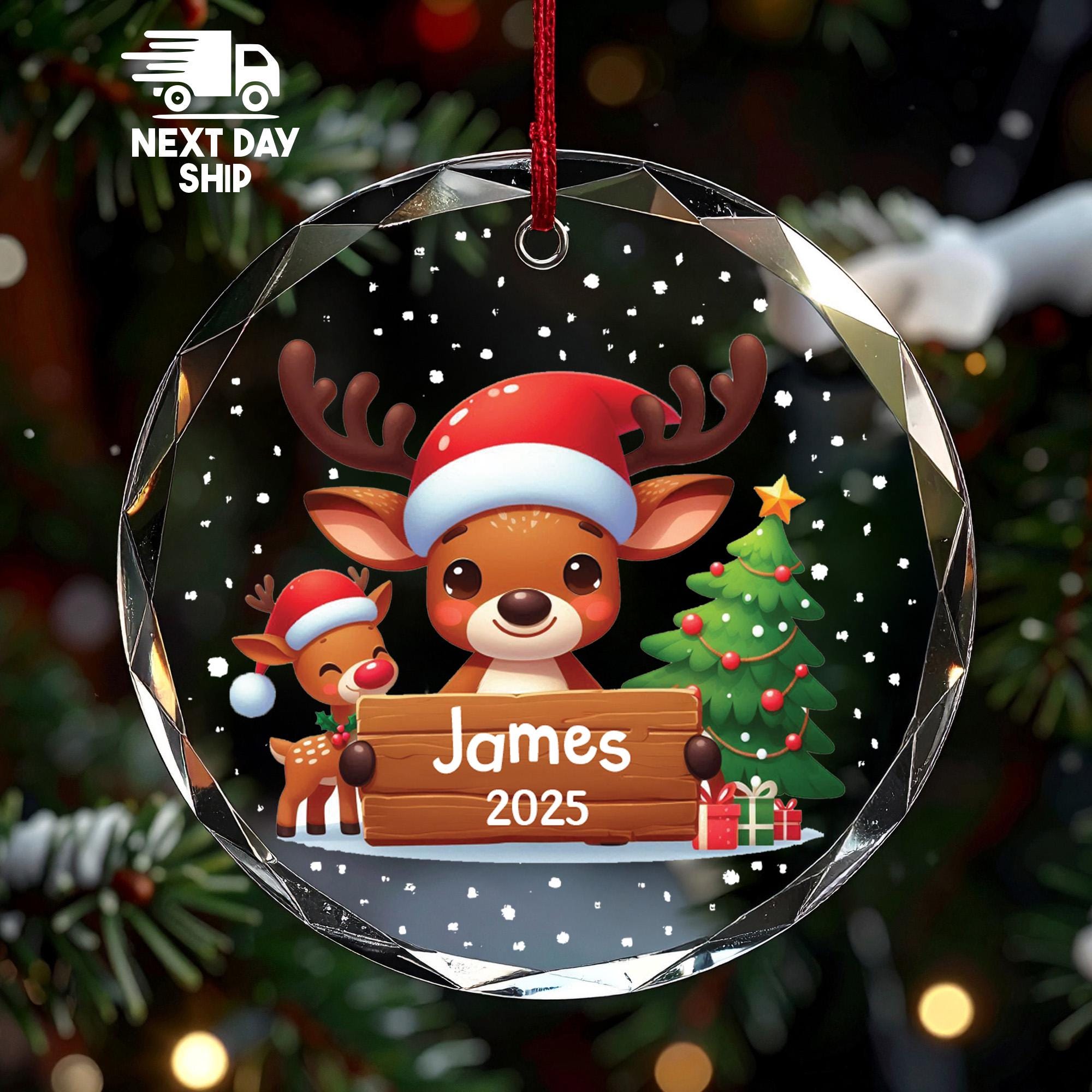 Personalized Reindeer Ornament 2025, Custom Name Christmas Keepsake, Cute Reindeer Gift for Kids, Glass Ceramic Acrylic Heart Round