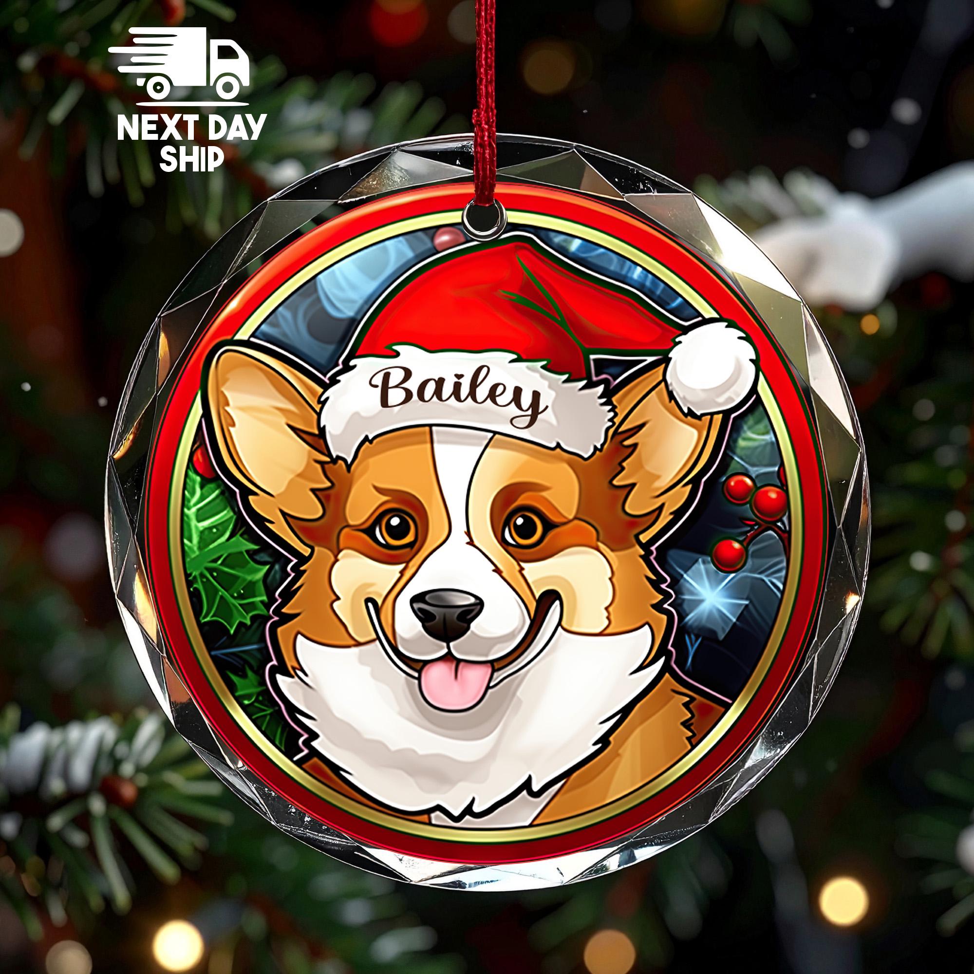 Personalized Dog Ornament with Santa Hat, Custom Name & Breed, Stained Glass Style, Glass Ceramic Acrylic, Dog Lover Christmas Gift 2025