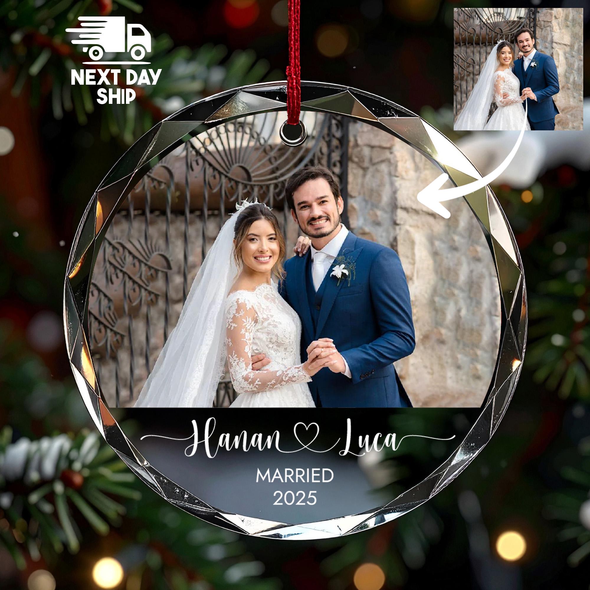 Personalized Wedding Photo Ornament, Custom Names, Our First Christmas Married 2025, Glass Ceramic Acrylic Keepsake Gift for Couple