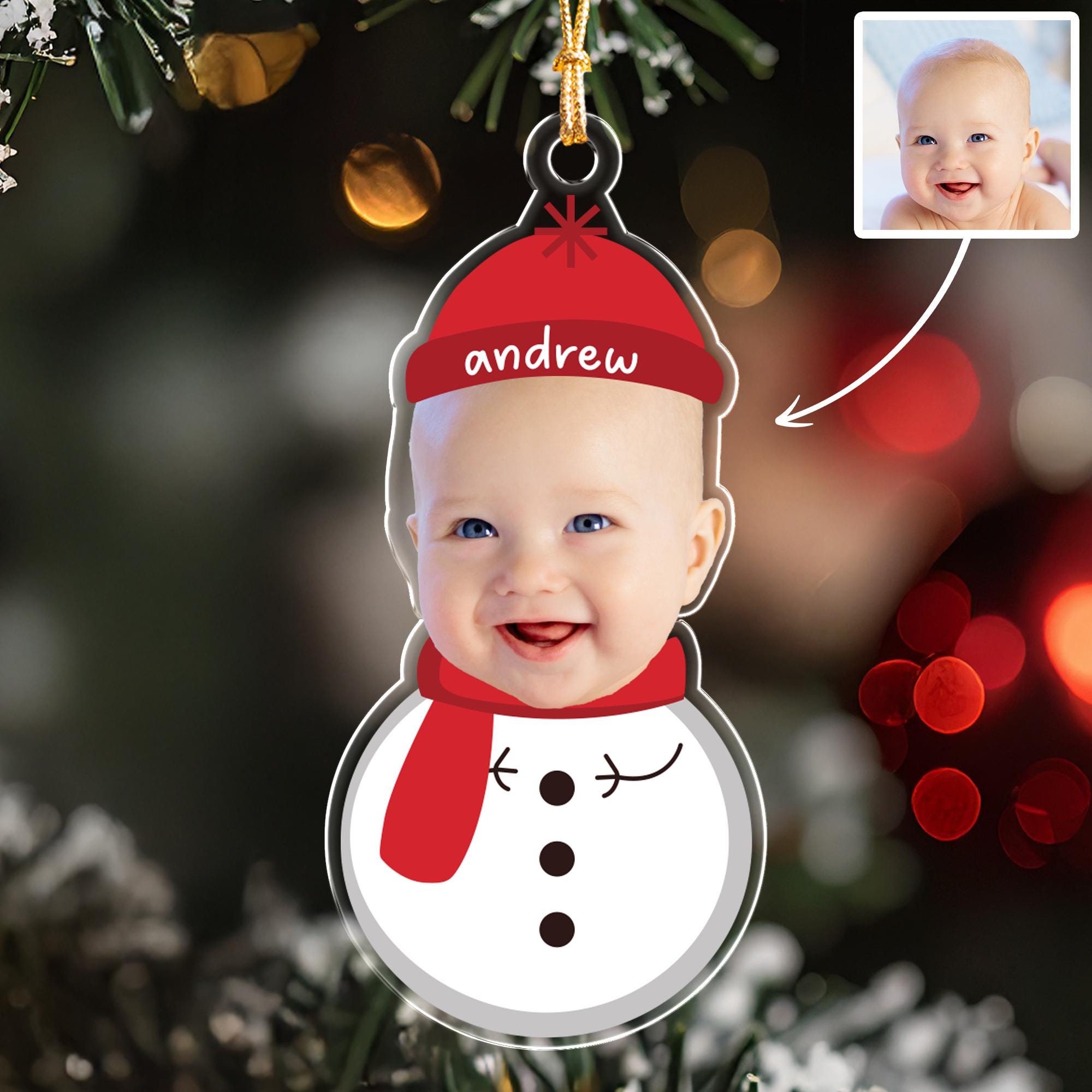 Personalized Baby Photo Ornament, Custom Shape Snowman, Baby's First Christmas Keepsake Gift, Acrylic Name Ornament for New Mom & Dad