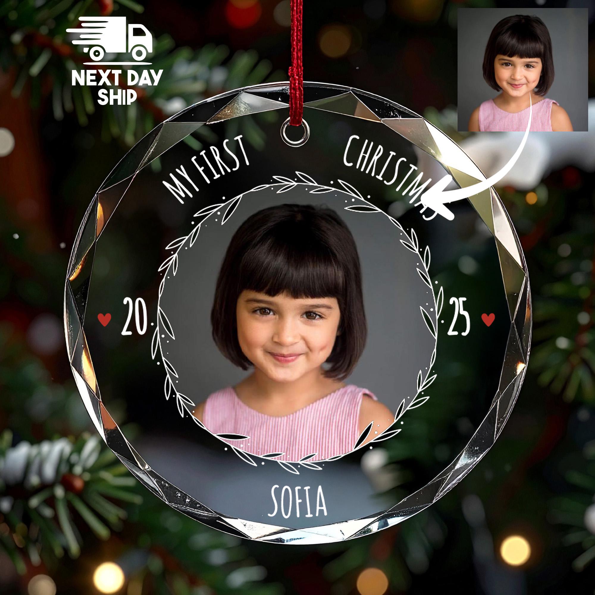 Baby's First Christmas 2025 Ornament, Personalized Baby Photo Keepsake, Custom Name 1st Xmas Wreath, Glass Ceramic Acrylic Gift