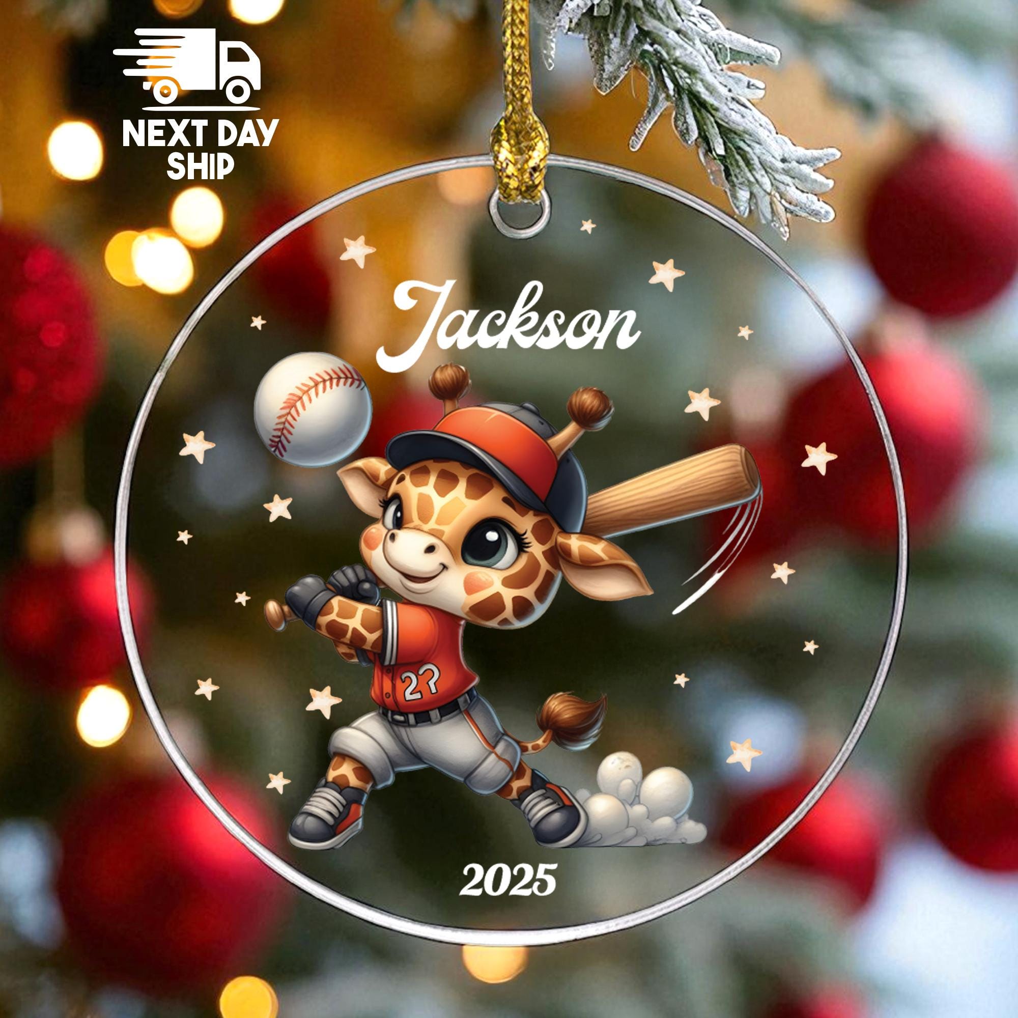Personalized Baseball Ornament, Cute Giraffe Player, Custom Name Sports Gift for Kids, Glass Ceramic Acrylic, 2025 Keepsake