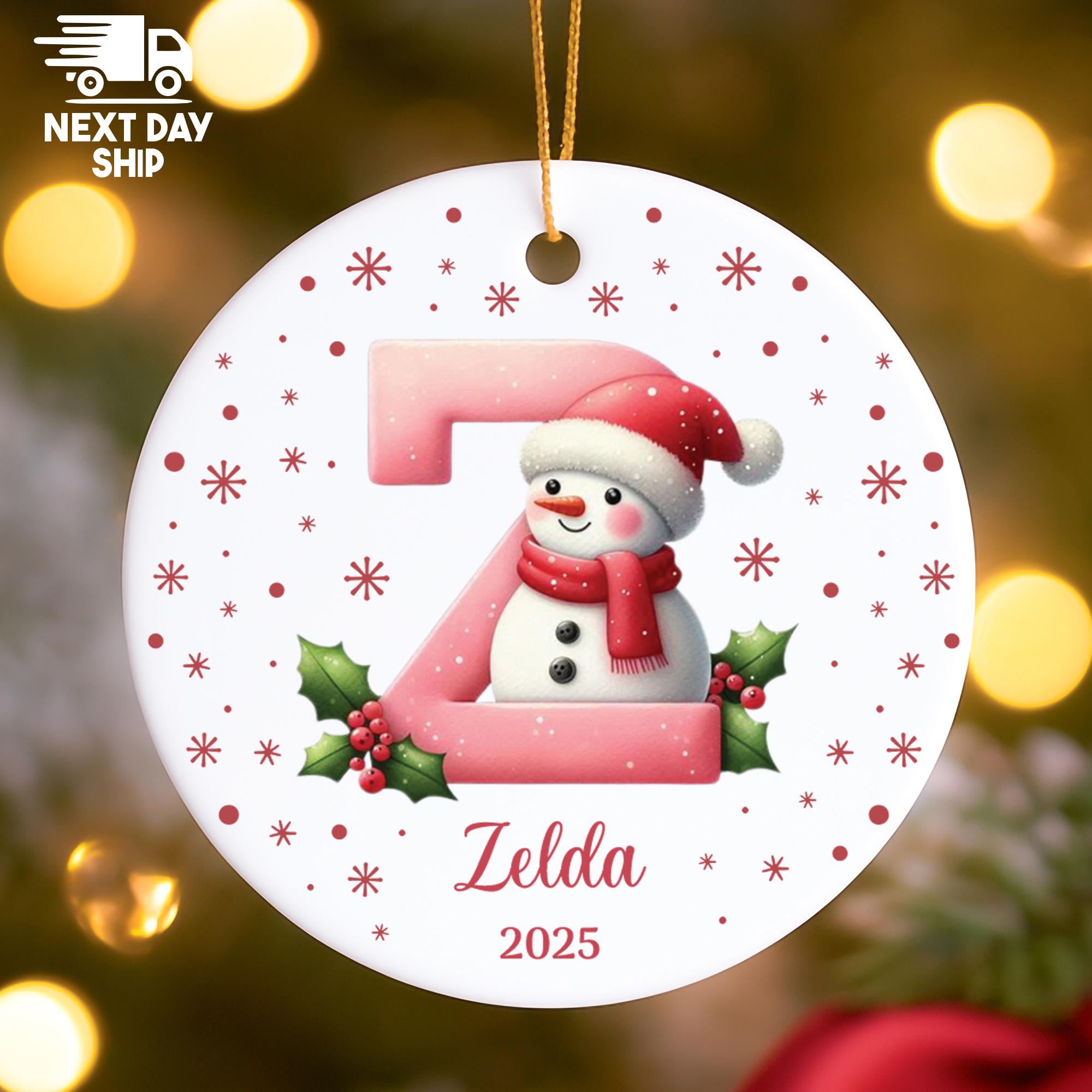 Personalized Snowman Monogram Ornament, Custom Initial & Name, Baby's First Christmas 2025, Glass Ceramic Acrylic Letter Keepsake