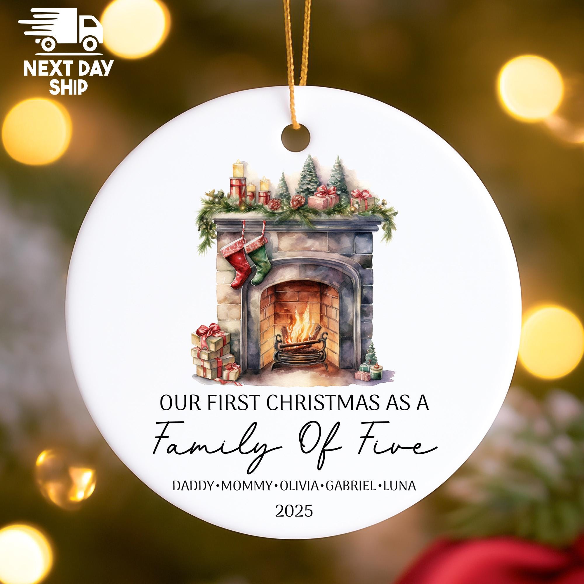 Personalized Our First Christmas as a Family of Five Ornament 2025, Custom Names Keepsake, Fireplace Decor, Glass Ceramic Acrylic Gift