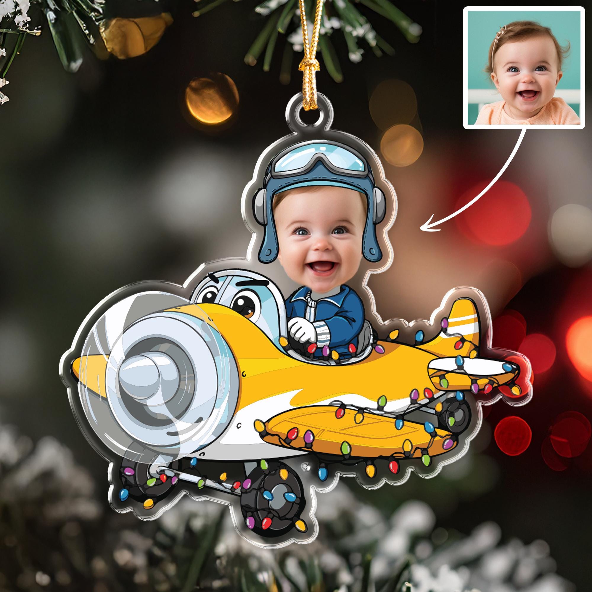 Personalized Baby Photo Airplane Ornament, Custom Face Pilot, Baby's First Christmas Keepsake Gift, Kid's Xmas Tree Decor, Future Pilot