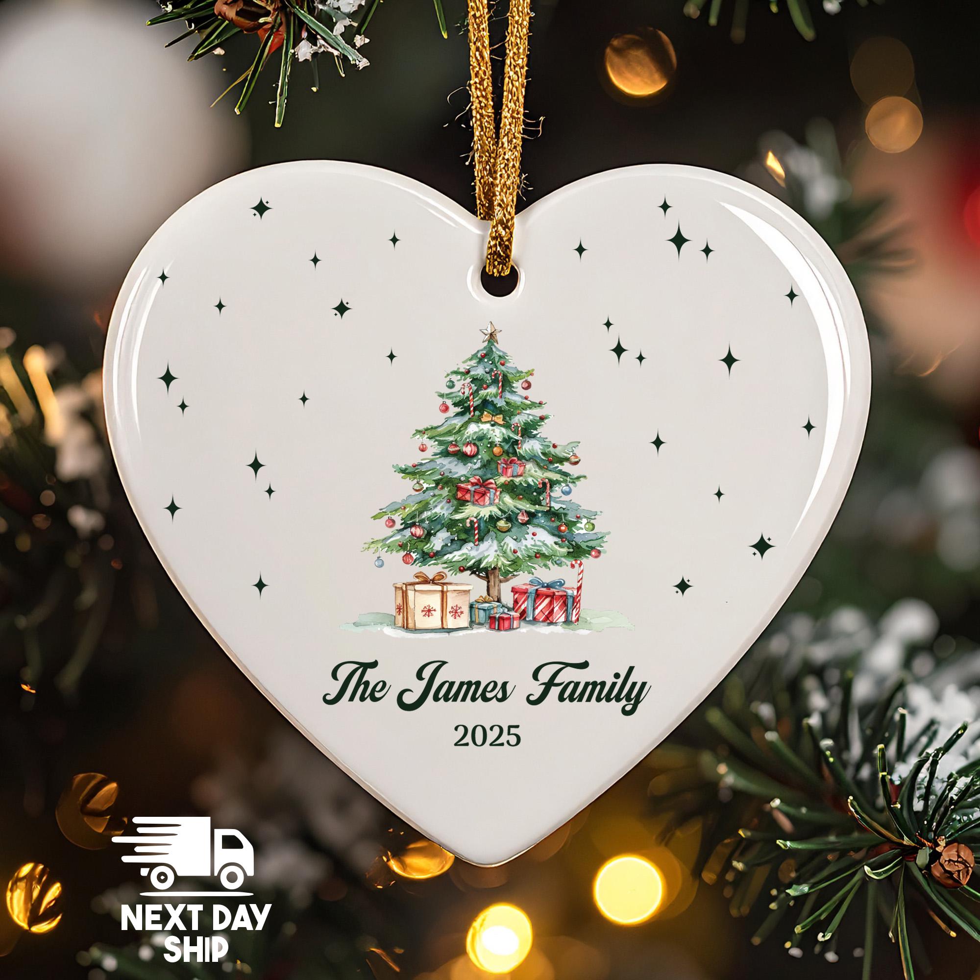 Personalized Family Name Ornament 2025, Christmas Tree Keepsake, Custom Family Gift, Glass Ceramic or Acrylic, Round Heart Shape Decor