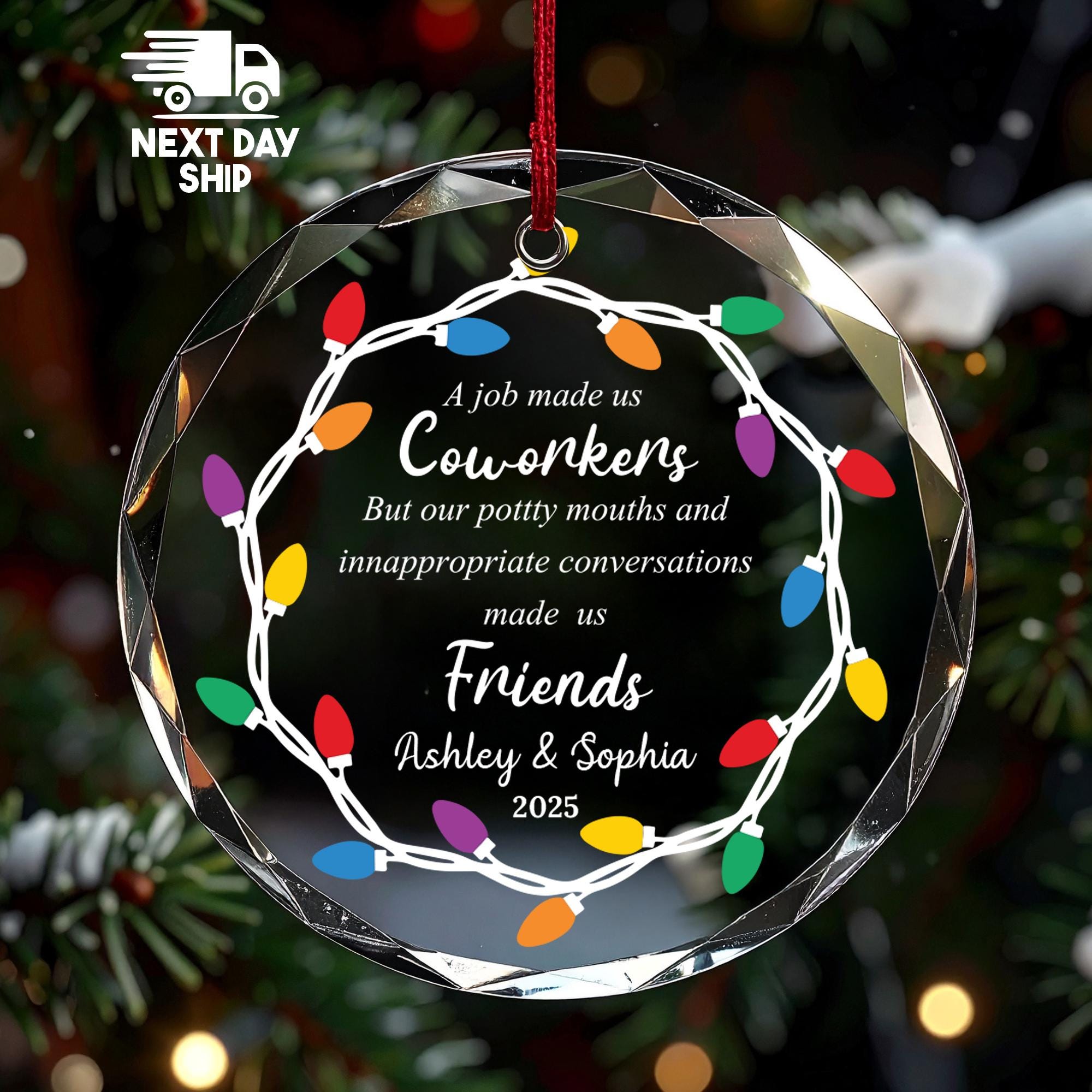 Funny Coworker Ornament, 'Job Made Us Coworkers' Christmas Lights, Best Work Bestie Gift, Glass Ceramic Acrylic, Office Gag Gift