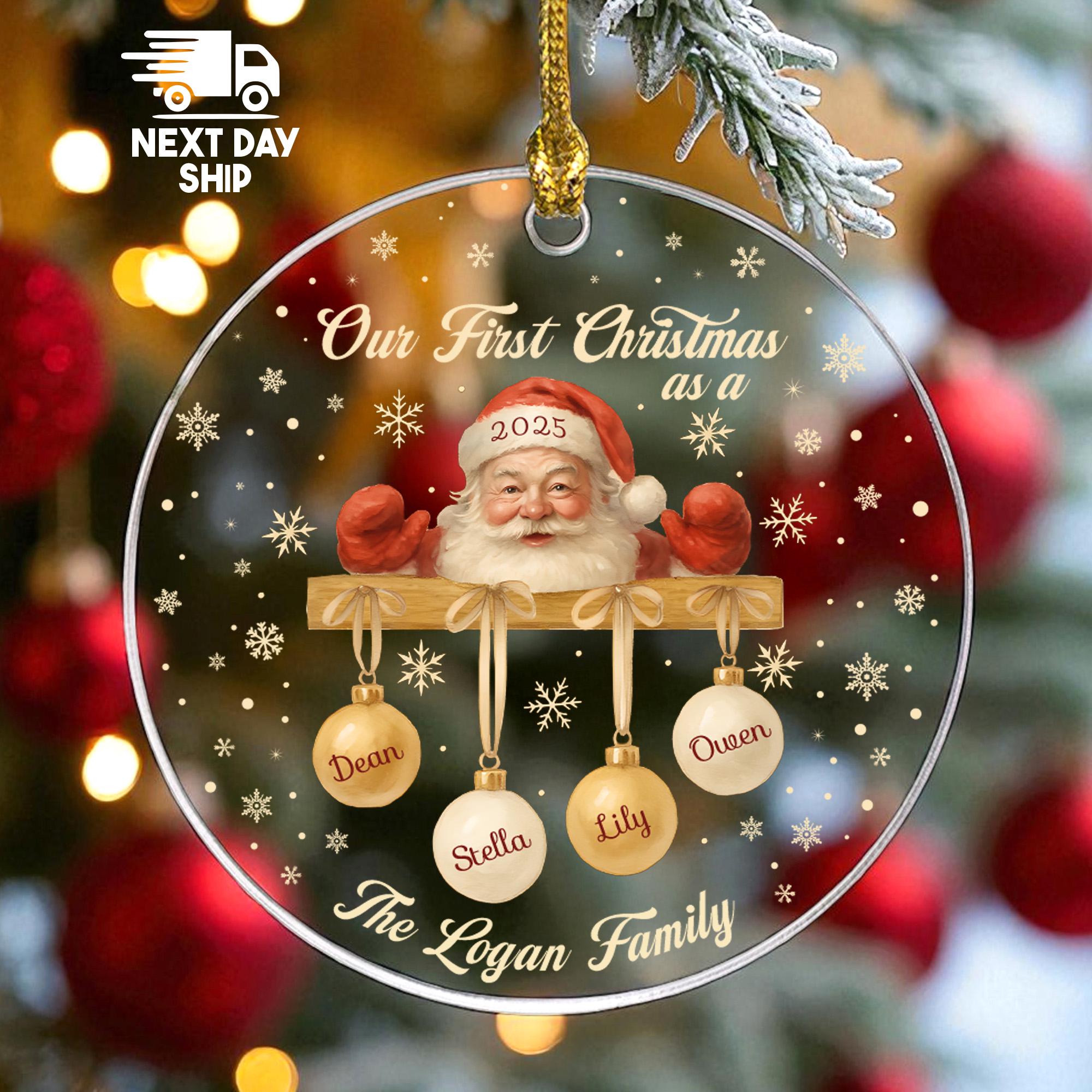 Personalized Our First Christmas as a Family Ornament 2025, Custom Names Santa Keepsake, Glass Ceramic Acrylic, New Parent Gift