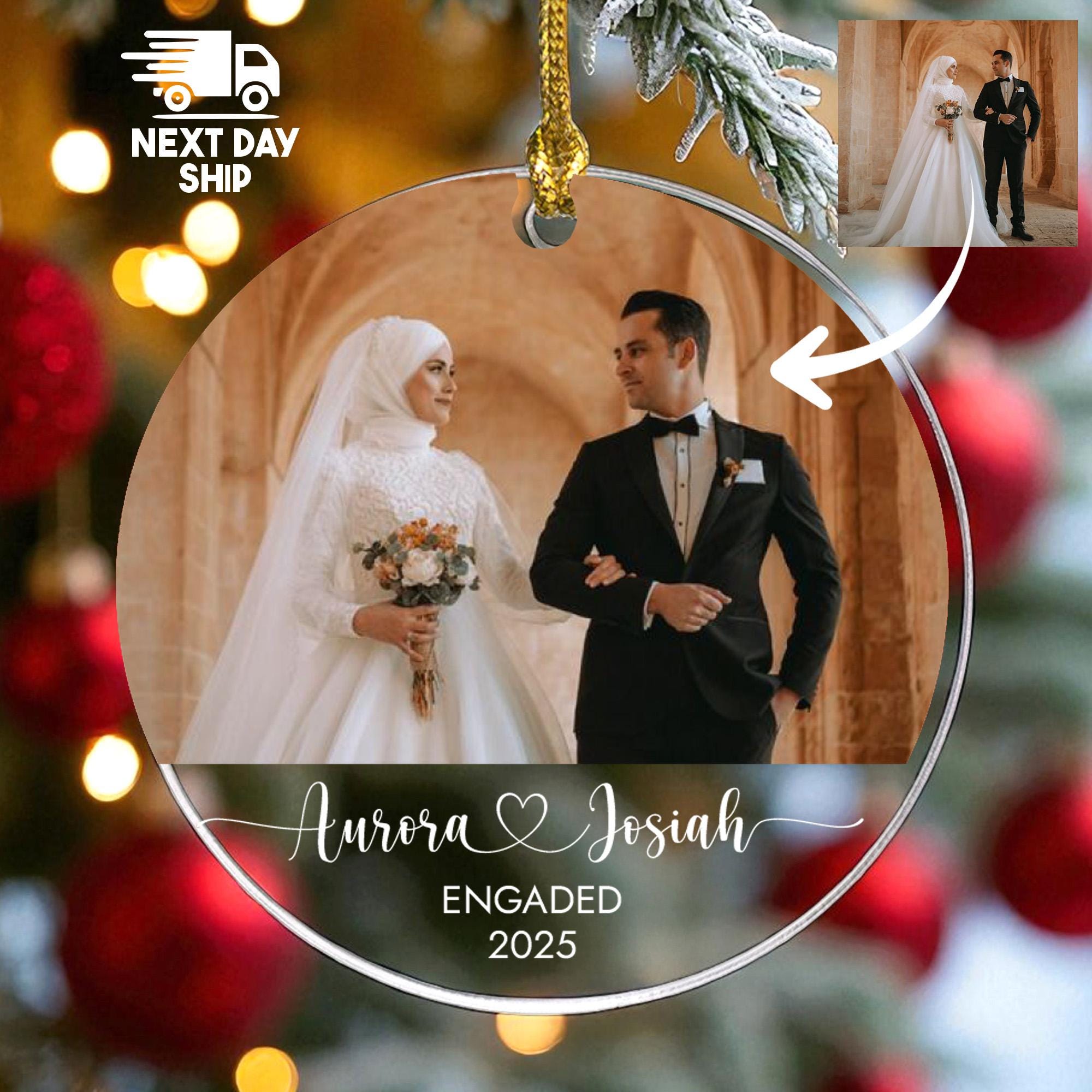 Engaged 2025 Christmas Ornament, Personalized Couple's Photo & Names, Our First Christmas Engaged, Glass Ceramic Acrylic Keepsake