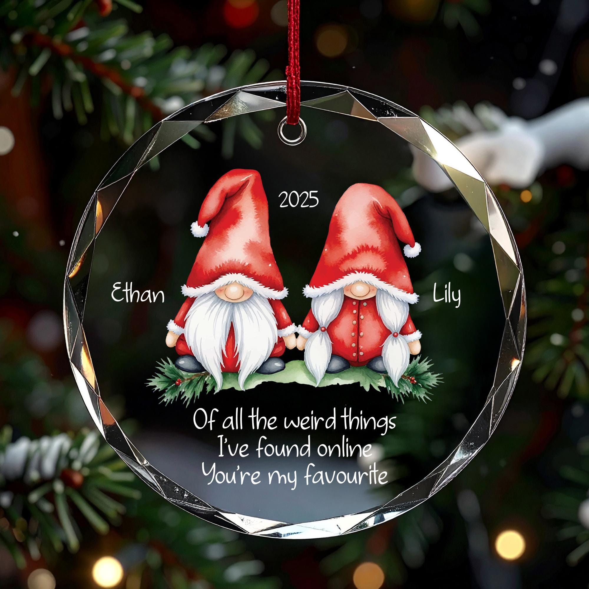 Personalized Gnome Couple Ornament 2025, Funny Online Dating Christmas Gift for Boyfriend Girlfriend, Glass Ceramic Acrylic Keepsake