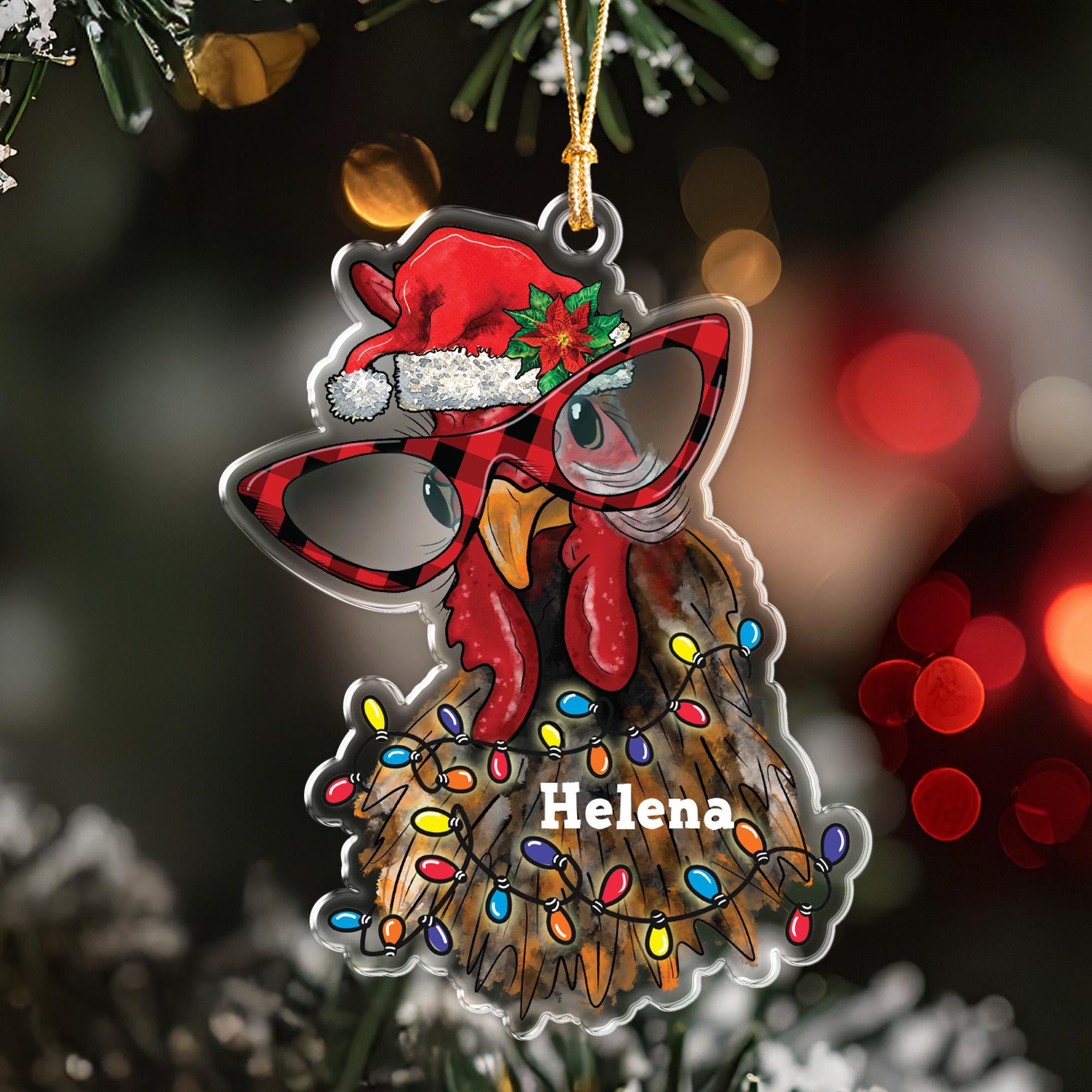 Personalized Chicken Ornament, Custom Name Farmer Gift, Funny Chicken Lover Christmas Keepsake, Rooster with Glasses, Farmhouse Decor