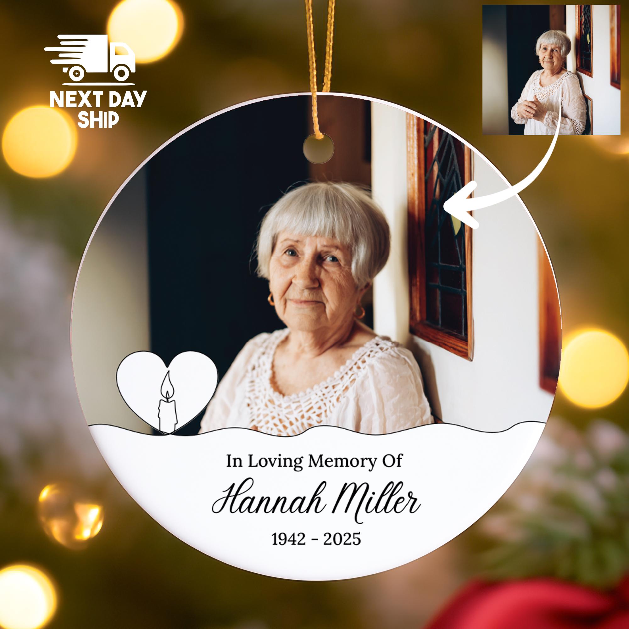 Personalized Photo Memorial Ornament, In Loving Memory of, Custom Name & Dates Keepsake, Glass Ceramic Acrylic, Sympathy Gift Candle