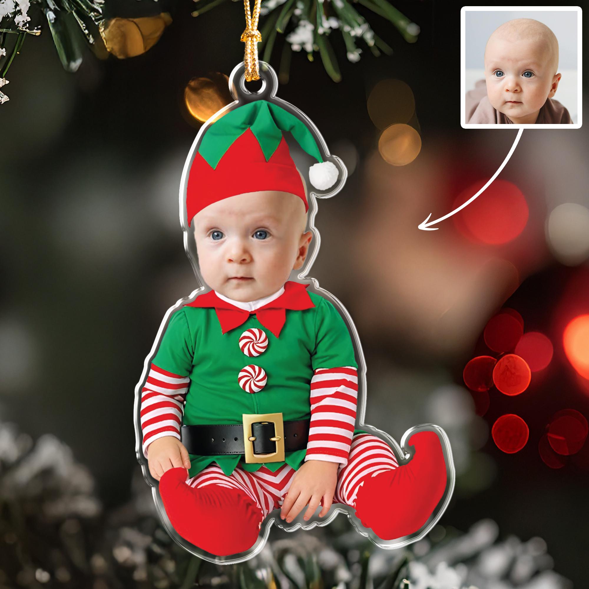 Personalized Baby Photo Elf Ornament, Custom Face Santa's Little Helper, Baby's First Christmas Keepsake, Acrylic Xmas Tree Decor Gift