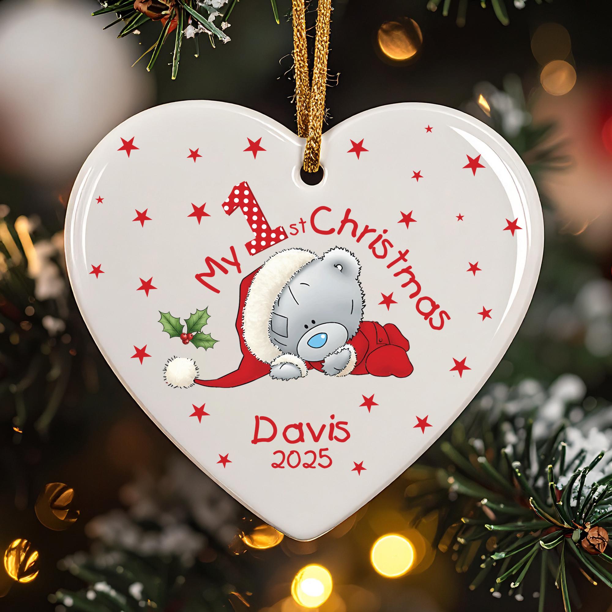 My First Christmas 2025 Ornament, Personalized Baby's 1st Xmas Keepsake, Cute Grey Teddy Bear, Glass Ceramic Acrylic, New Baby Gift