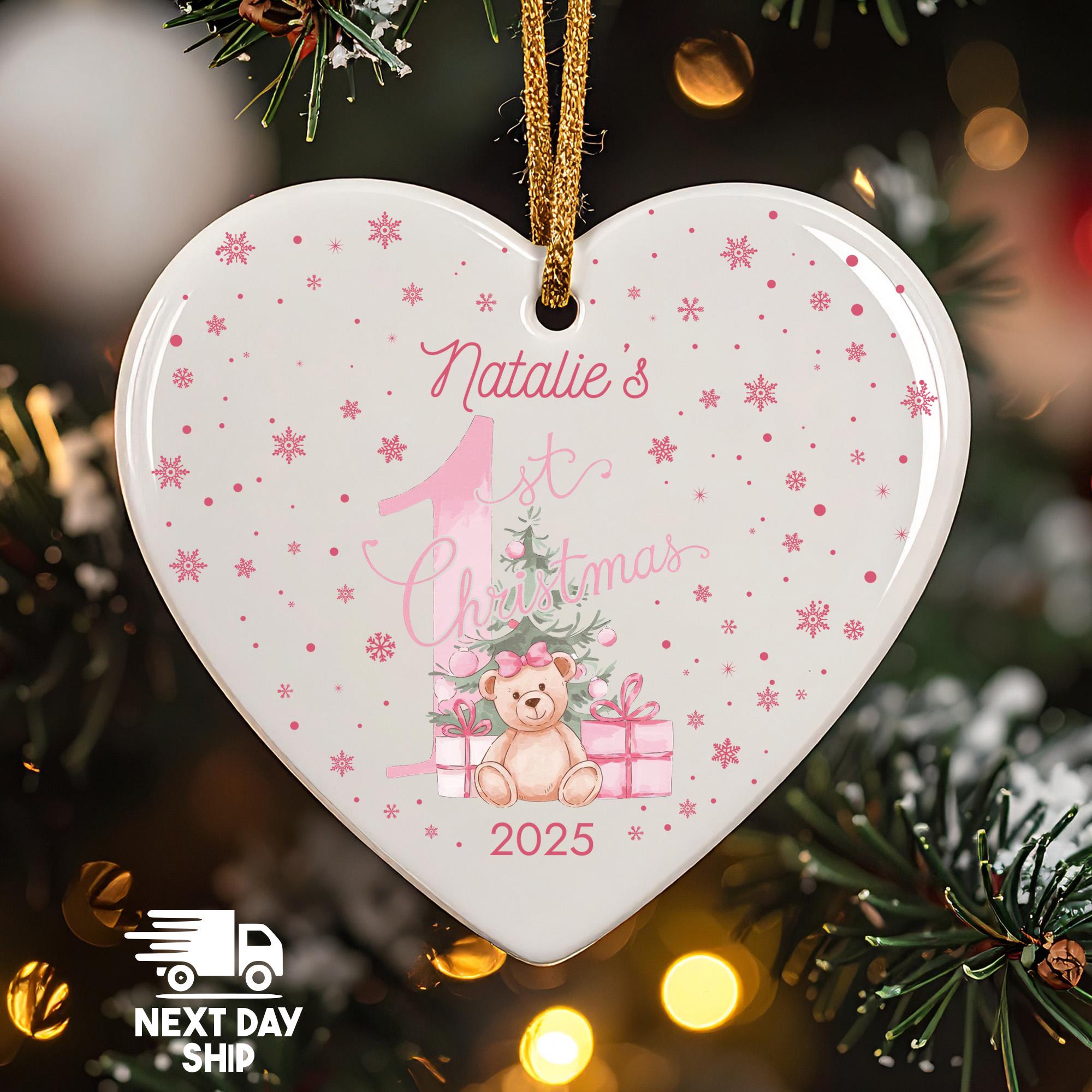 Baby's First Christmas 2025 Ornament, Personalized Name Gift for Baby Girl, Pink Teddy Bear, Glass Ceramic Acrylic Heart Round