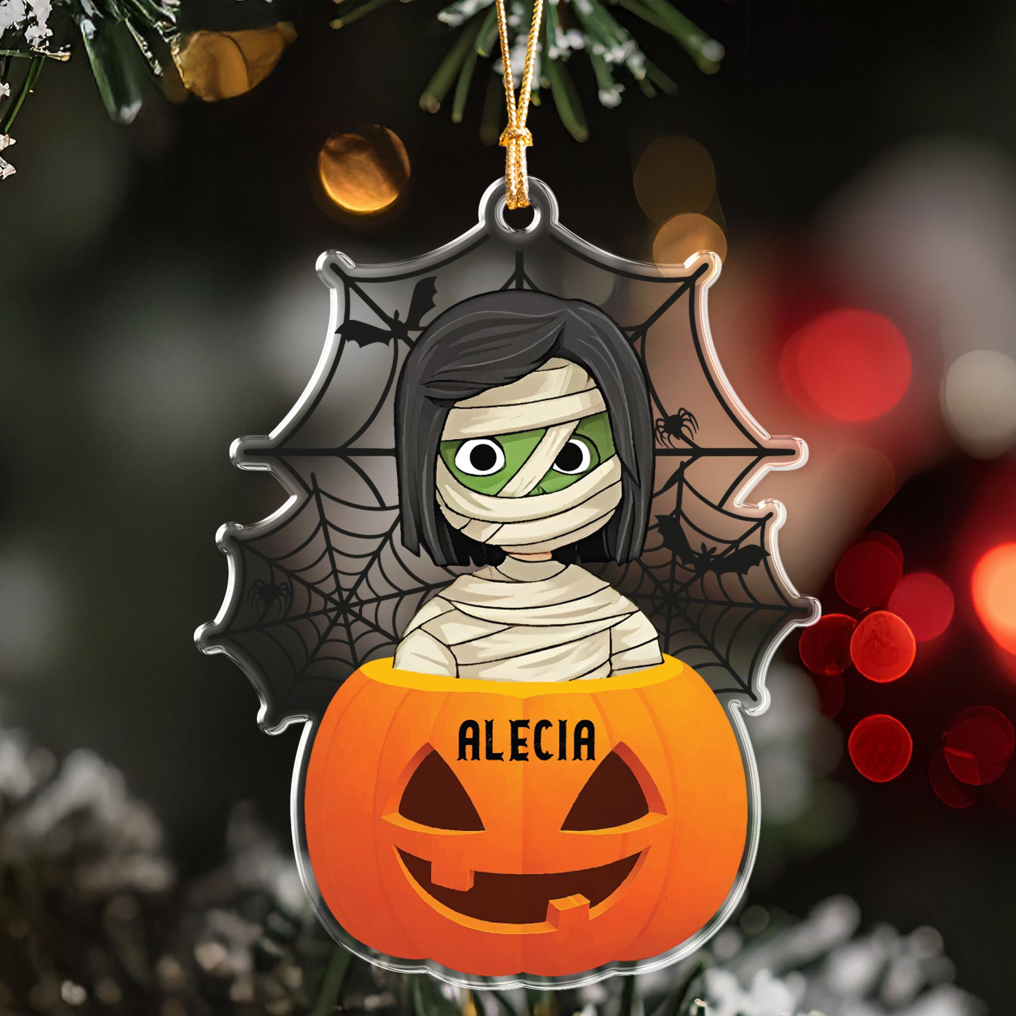 Personalized Halloween Pumpkin Ornament, Custom Name, Cute Ghost Mummy Vampire Witch, Kids Spooky Basket Tag, Halloween Tree Decor