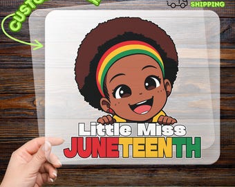 Little Miss JUNETEENTH Iron-On Decal, Festive Juneteenth Celebration Heat Transfer, Cartoon Design for Kids' Cultural Apparel